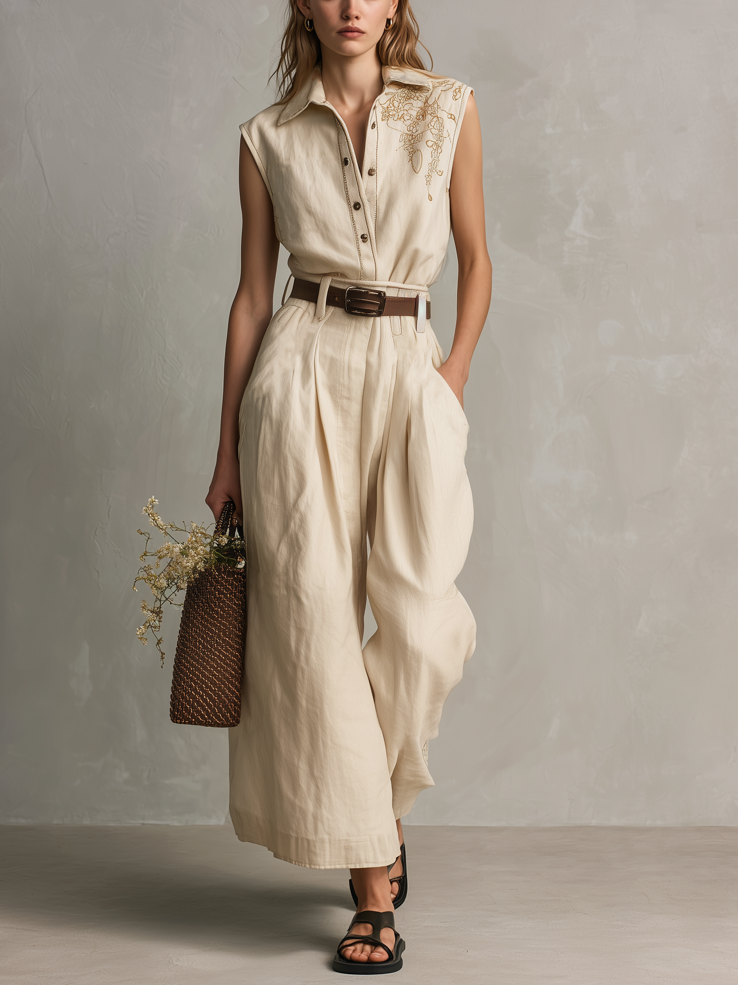 Women's Casual Khaki Cotton-Linen Sleeveless Jumpsuit With Shirt Collar And Embroidery