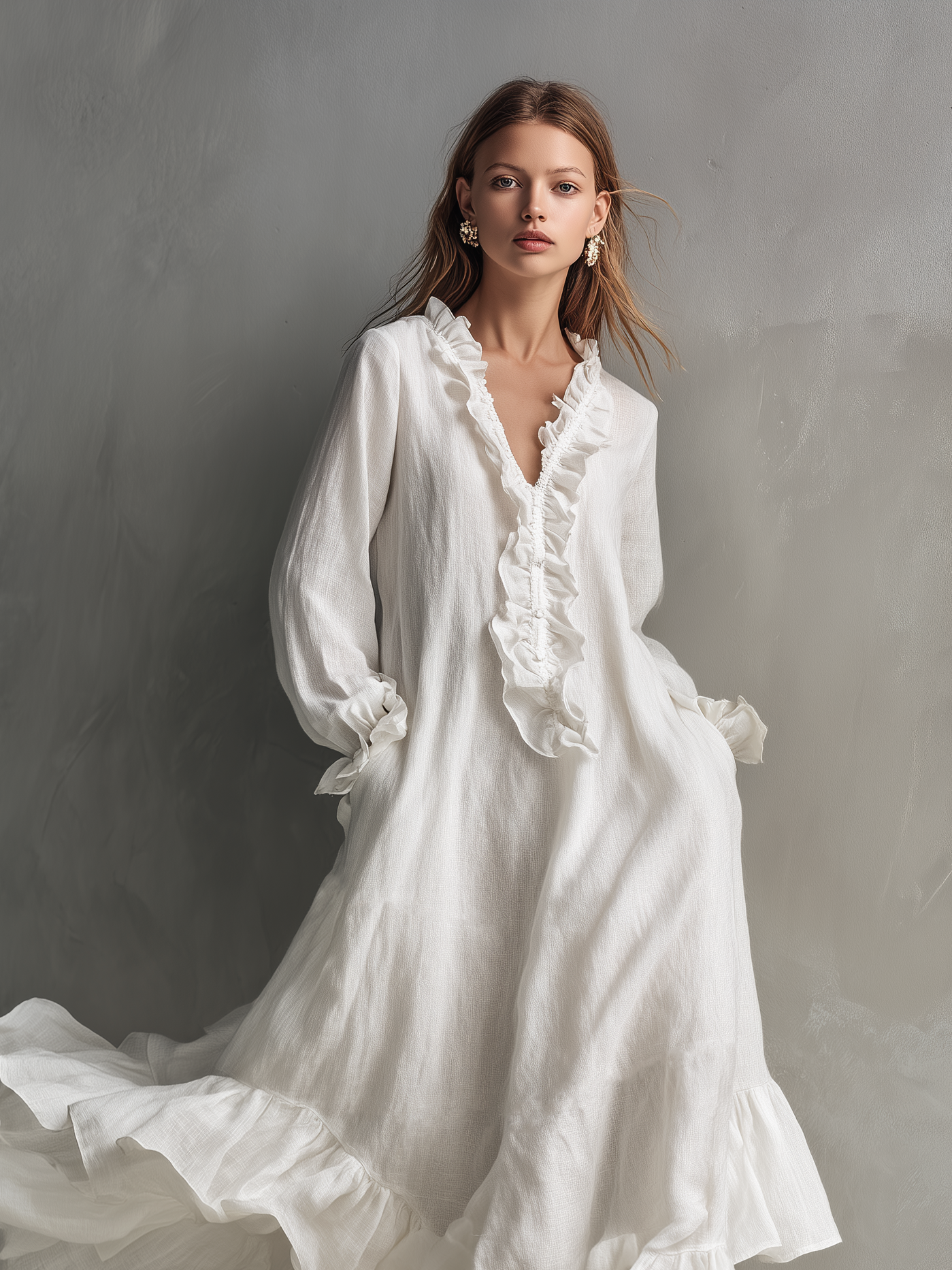 Women's Casual White Cotton Linen V-neck Long-sleeved Loose-fitting Maxi Dress With Lining