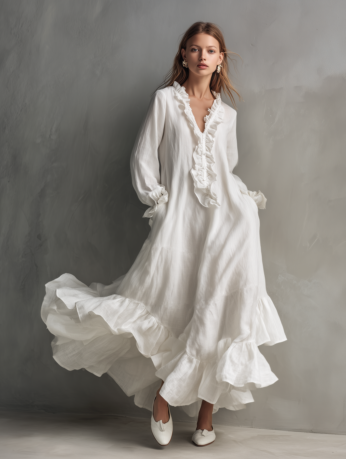 Women's Casual White Cotton Linen V-neck Long-sleeved Loose-fitting Maxi Dress With Lining
