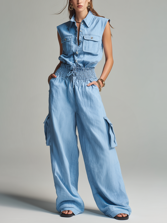 Women's Casual Light Blue Cotton-Linen Sleeveless Top And Trousers Set