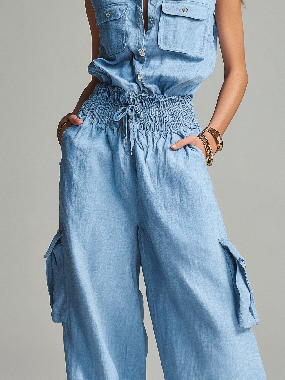 Women's Casual Light Blue Cotton-Linen Sleeveless Top And Trousers Set
