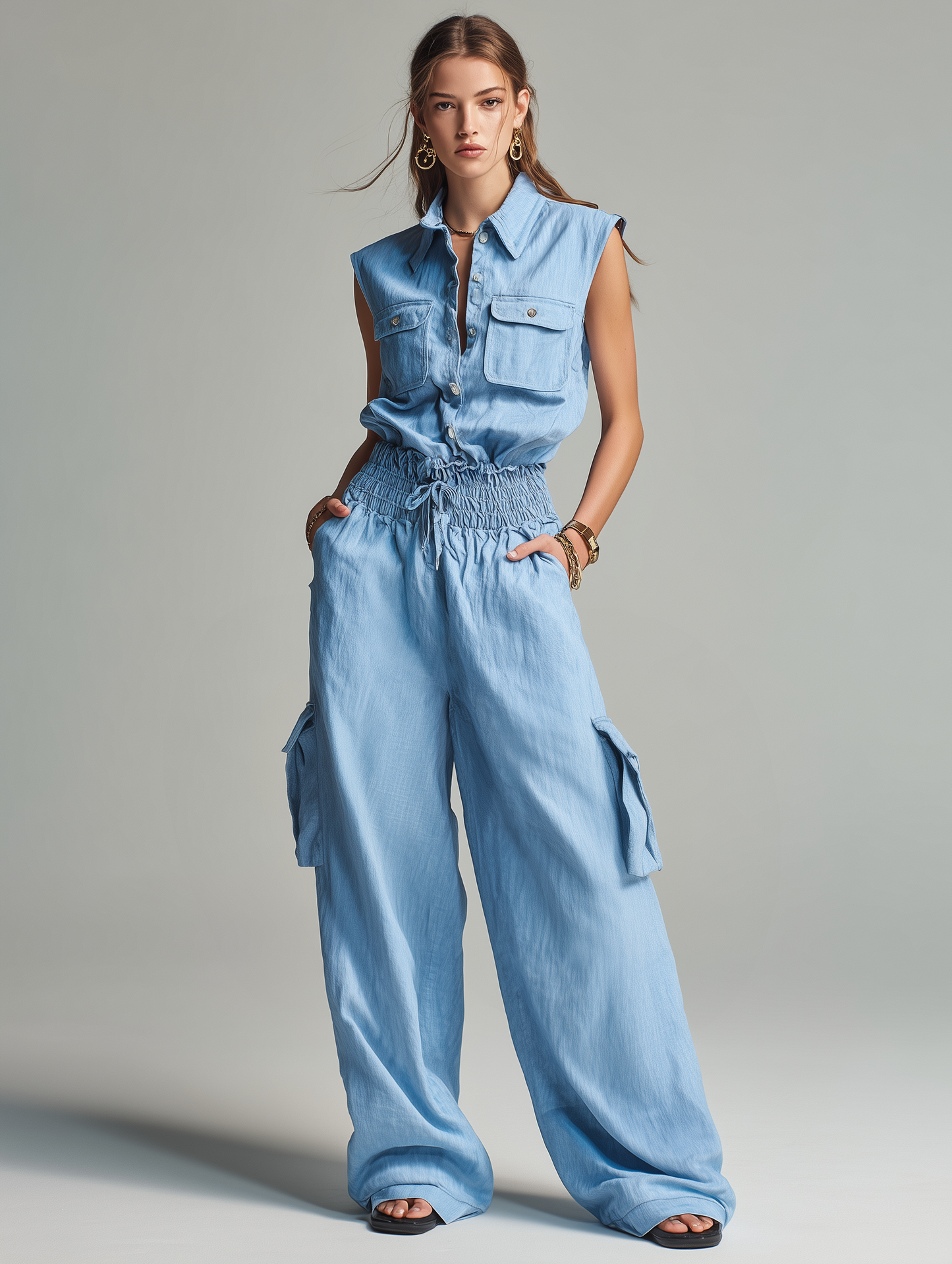 Women's Casual Light Blue Cotton-Linen Sleeveless Top And Trousers Set