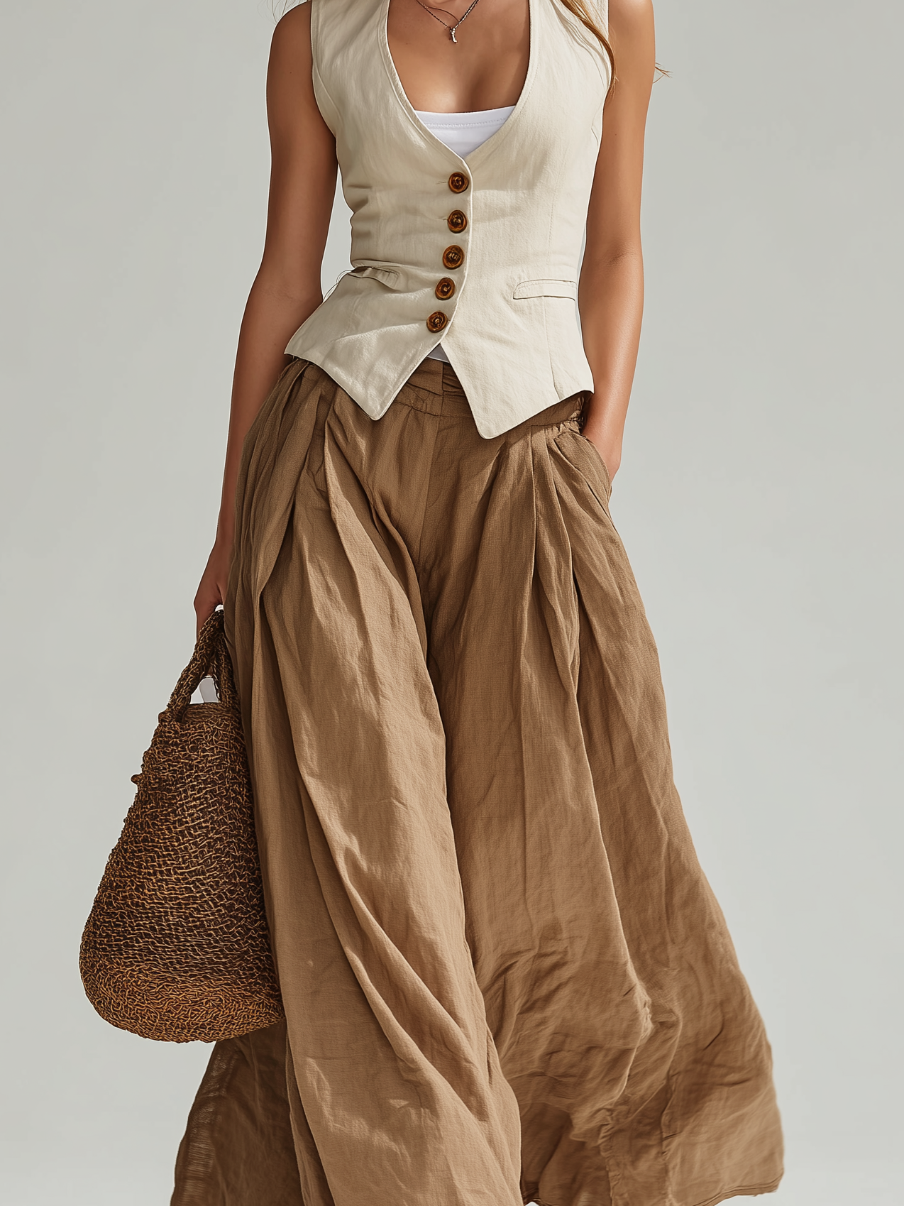 Women's Casual Beige Linen Sleeveless Vest And Brown Linen Maxi Skirt Set
