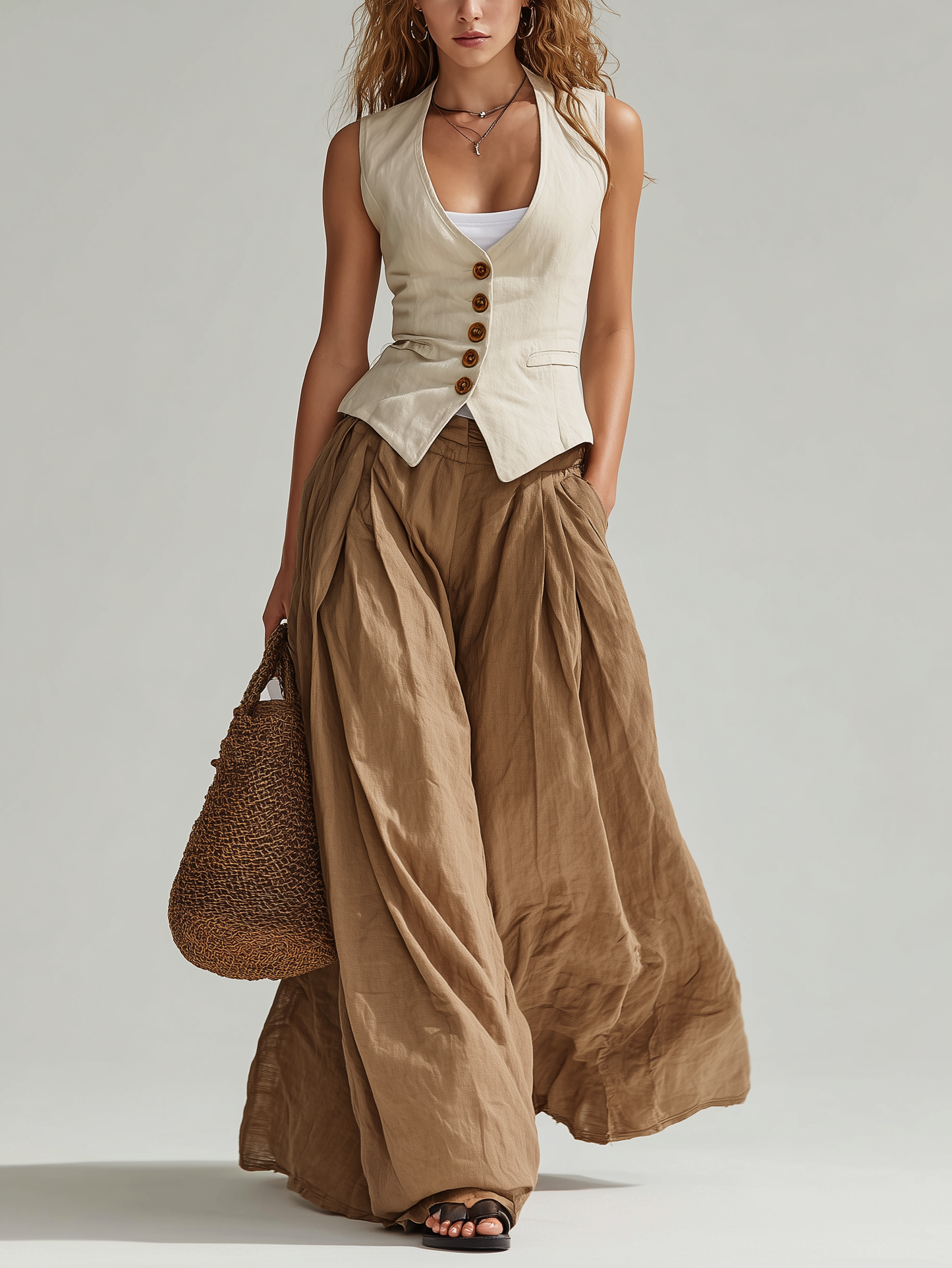 Women's Casual Beige Linen Sleeveless Vest And Brown Linen Maxi Skirt Set