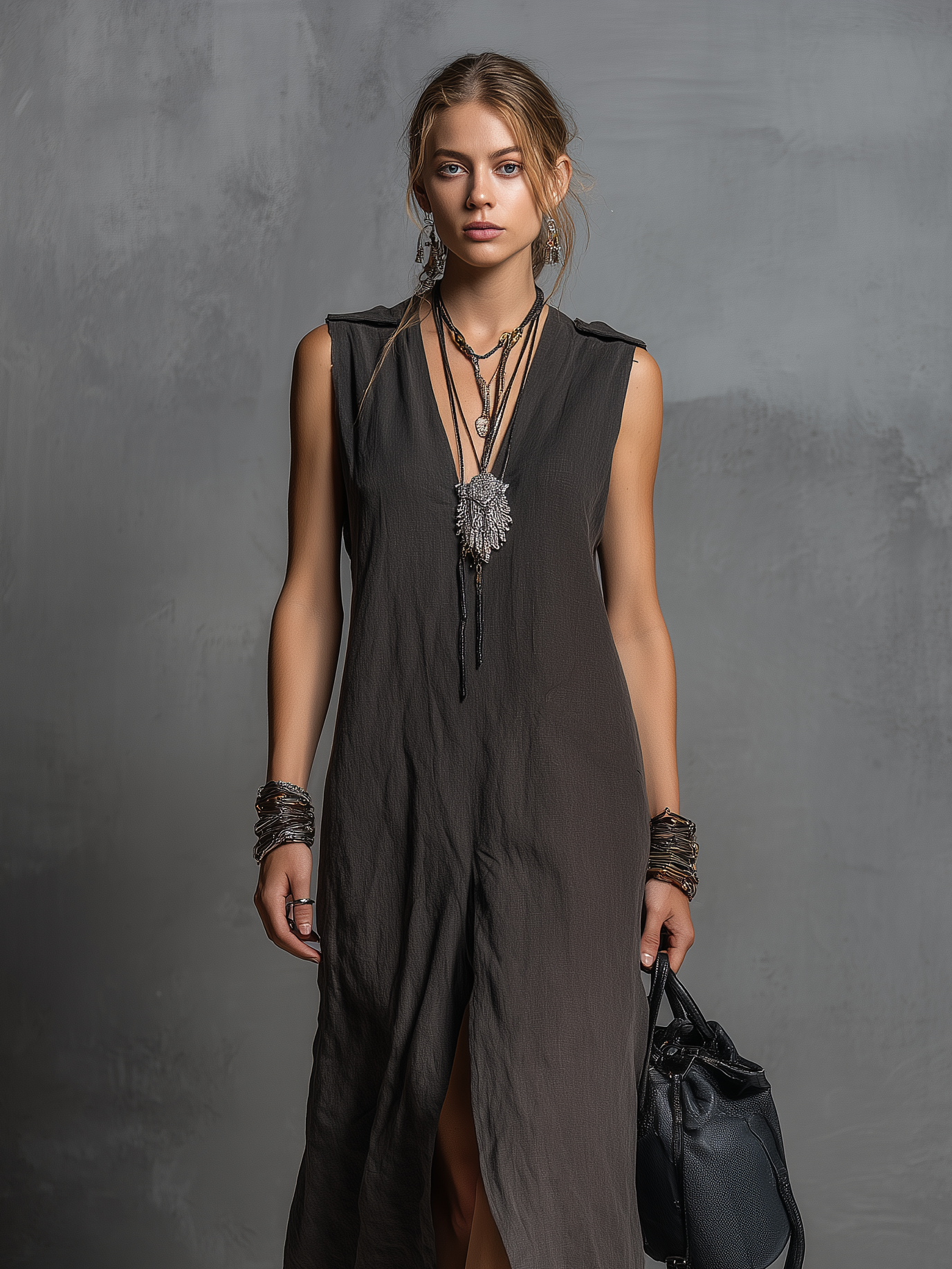 Women's Casual Dark Gray Cotton-Linen Maxi Dress — V-Neck, Sleeveless, Loose Fit