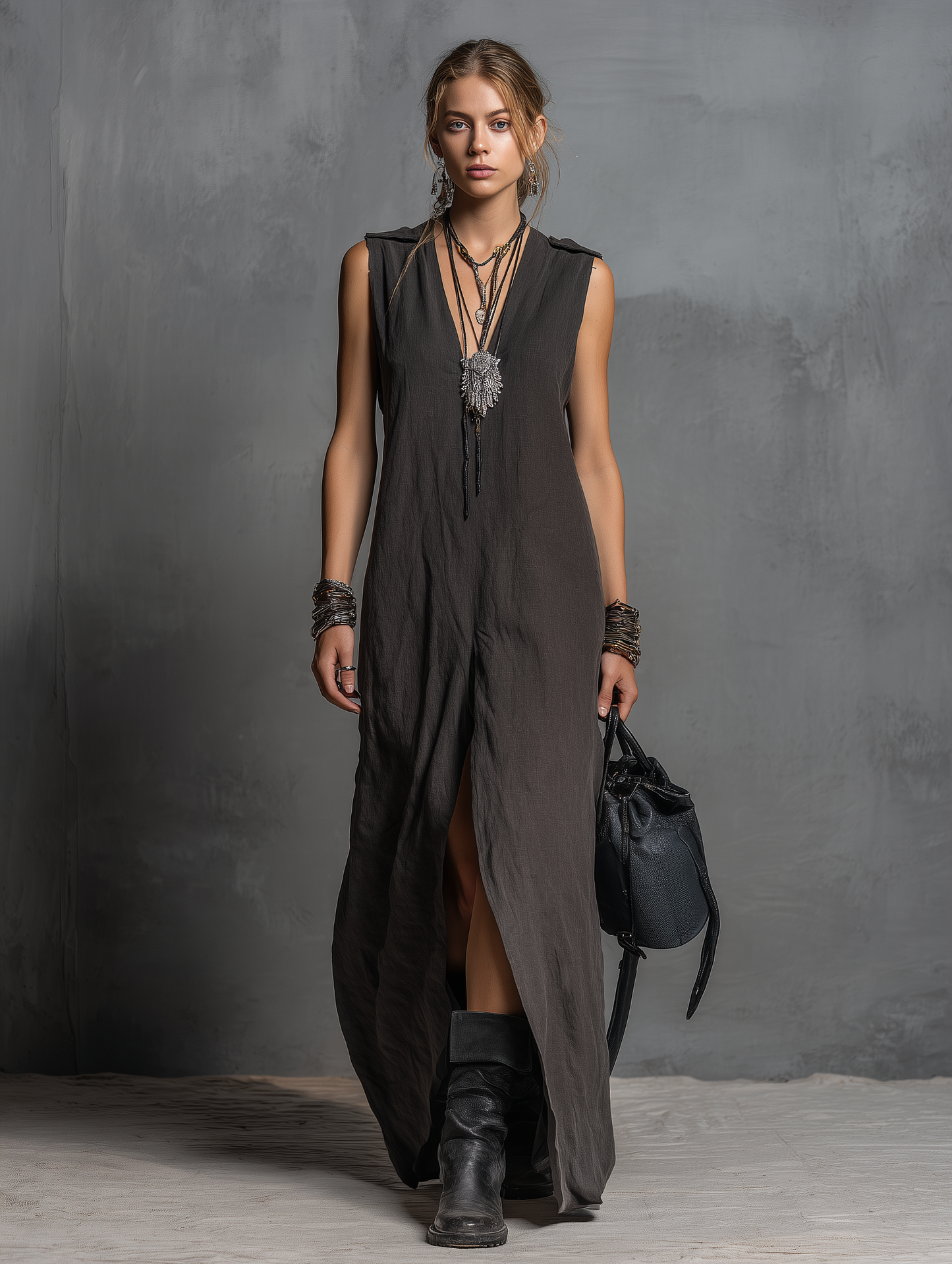 Women's Casual Dark Gray Cotton-Linen Maxi Dress — V-Neck, Sleeveless, Loose Fit