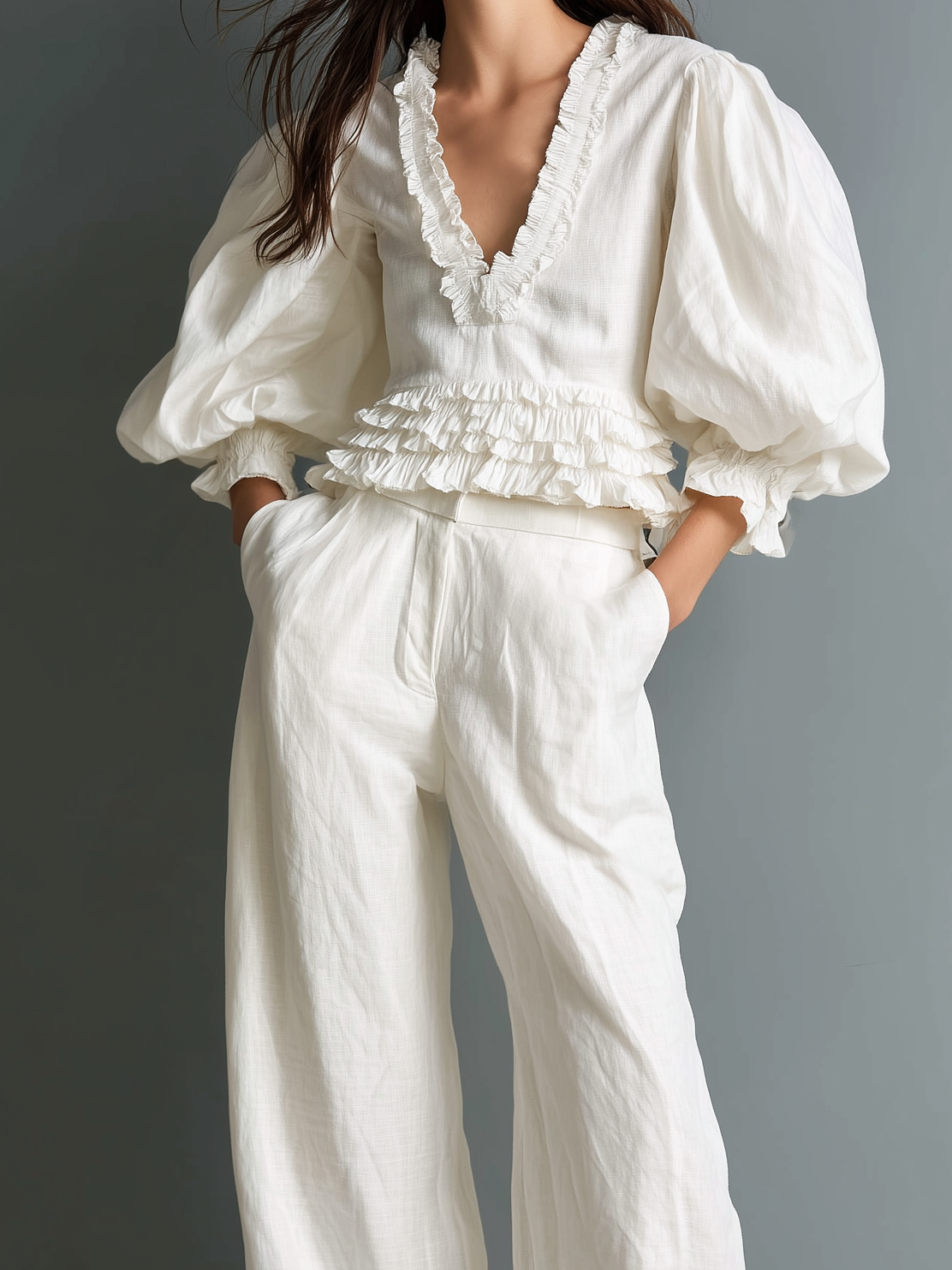 Women's Casual White Cotton-Linen Top — Lined, V-Neck, Puff Short Sleeves — Paired With Trousers