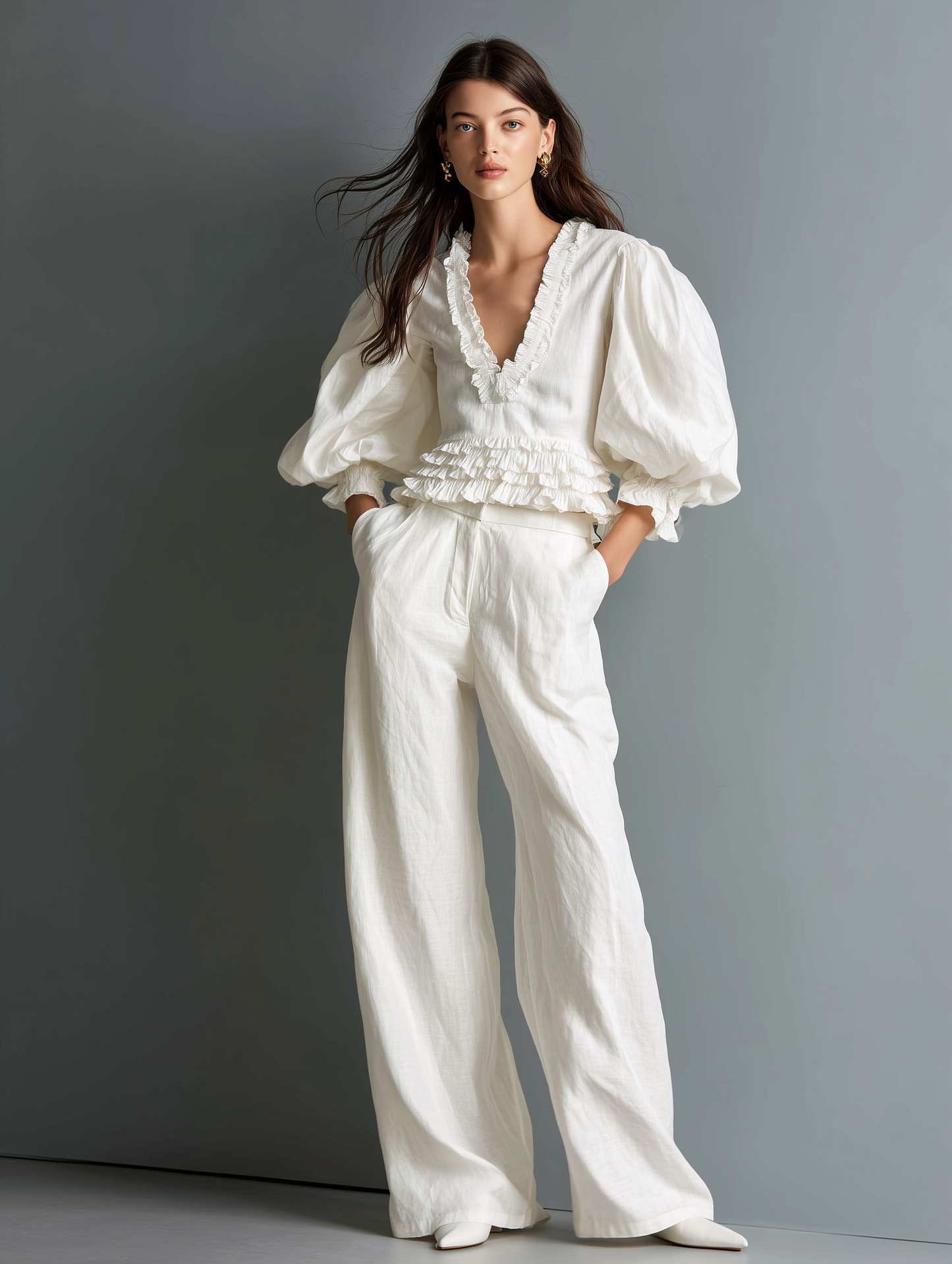 Women's Casual White Cotton-Linen Top — Lined, V-Neck, Puff Short Sleeves — Paired With Trousers