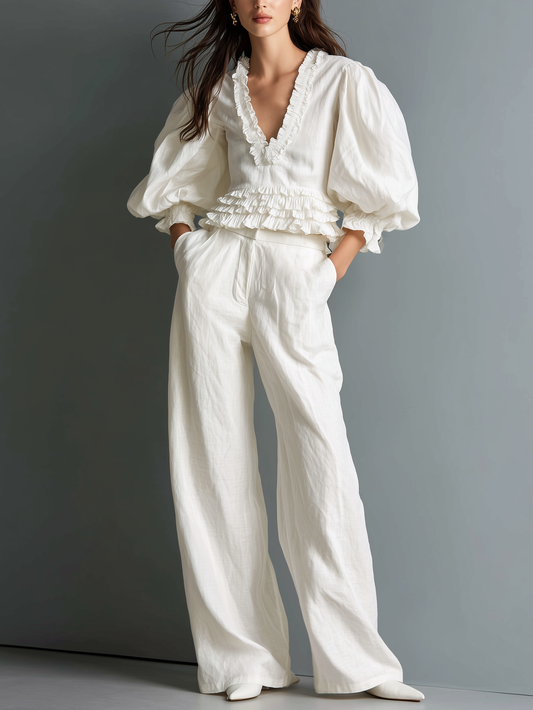 Women's Casual White Cotton-Linen Top — Lined, V-Neck, Puff Short Sleeves — Paired With Trousers