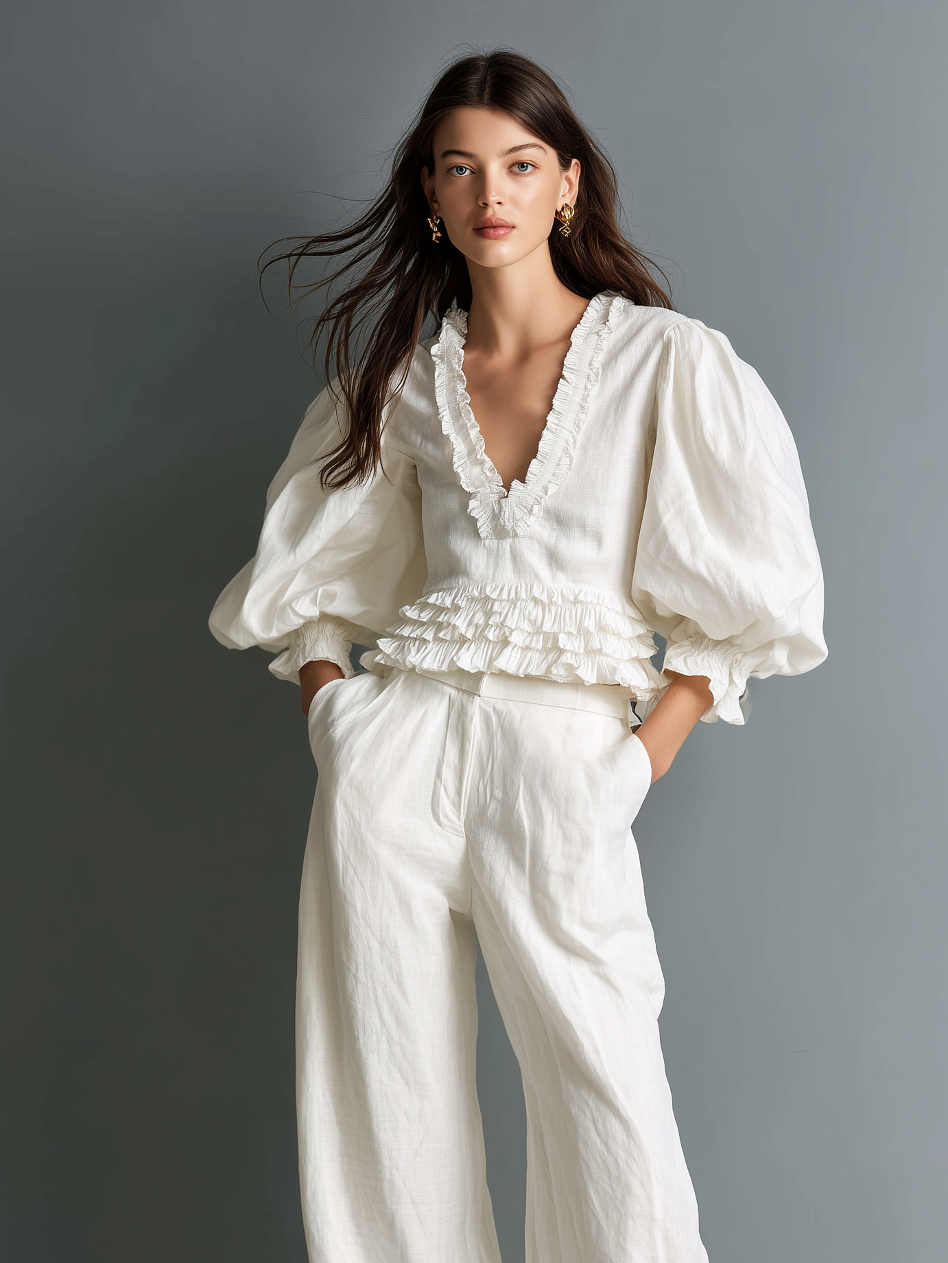Women's Casual White Cotton-Linen Top — Lined, V-Neck, Puff Short Sleeves — Paired With Trousers