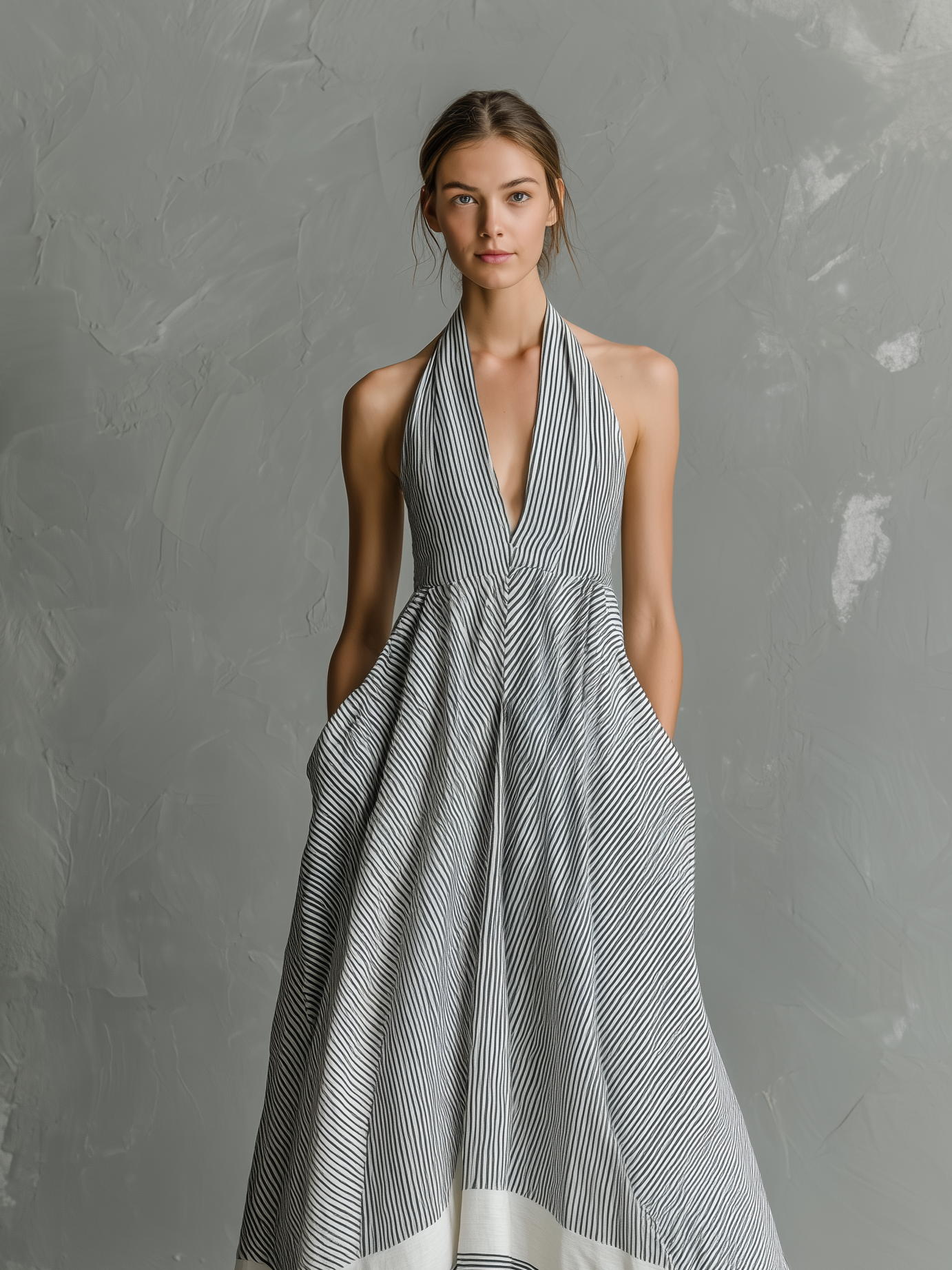 Women's Casual Grey & White Striped Halter-Neck Sleeveless Woven Maxi Dress