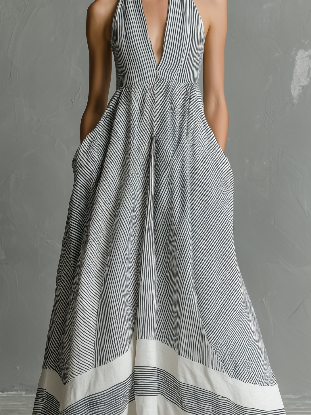 Women's Casual Grey & White Striped Halter-Neck Sleeveless Woven Maxi Dress