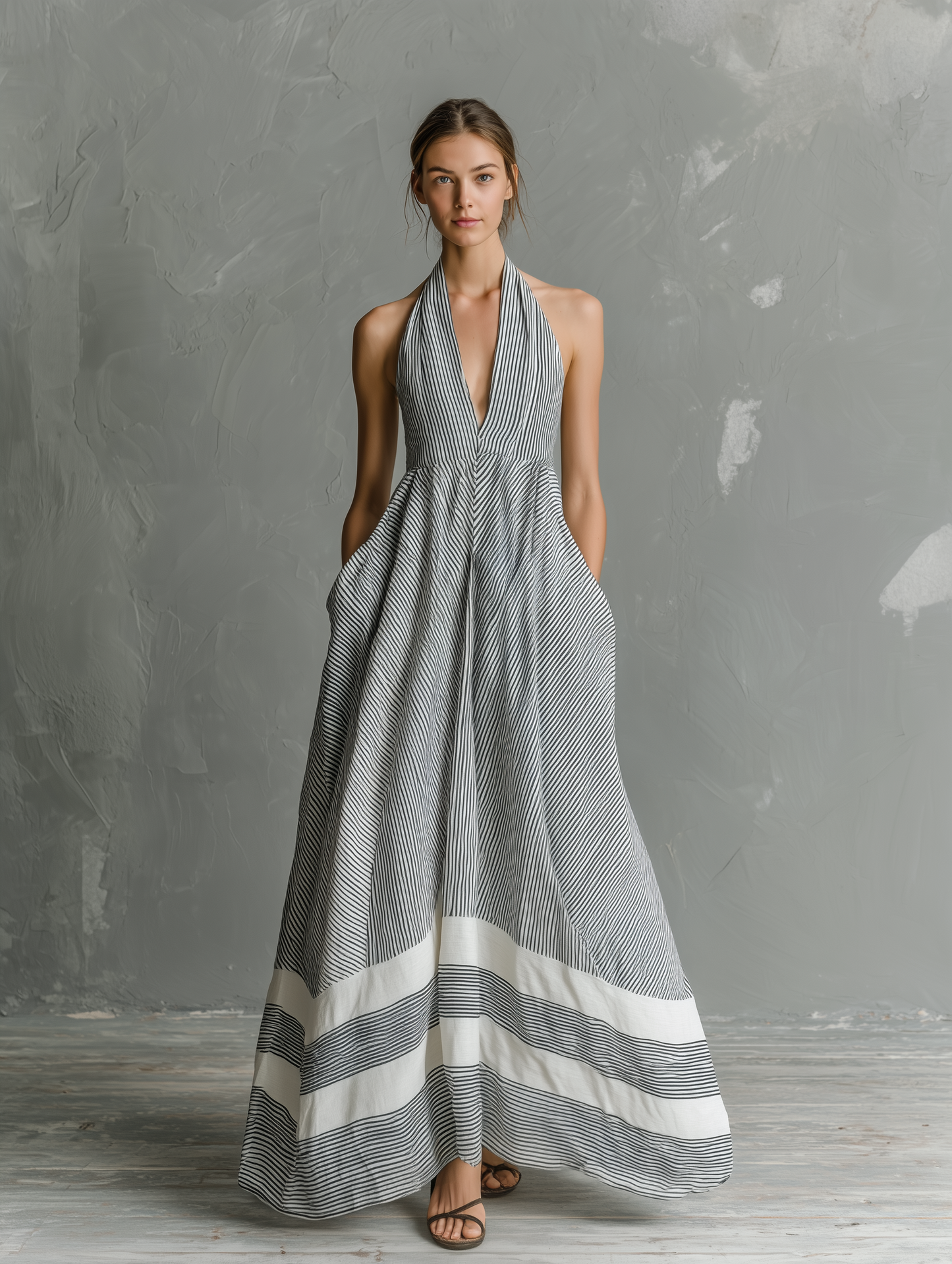 Women's Casual Grey & White Striped Halter-Neck Sleeveless Woven Maxi Dress