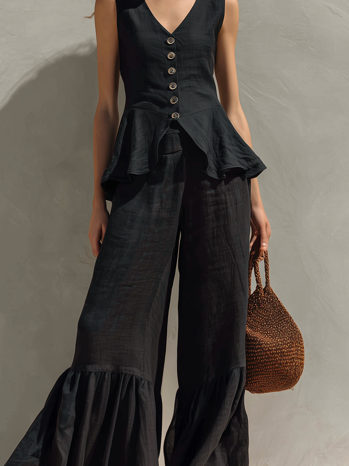 Women's Casual Black Cotton-Linen V-Neck Sleeveless Ruffled Top And Trousers Set
