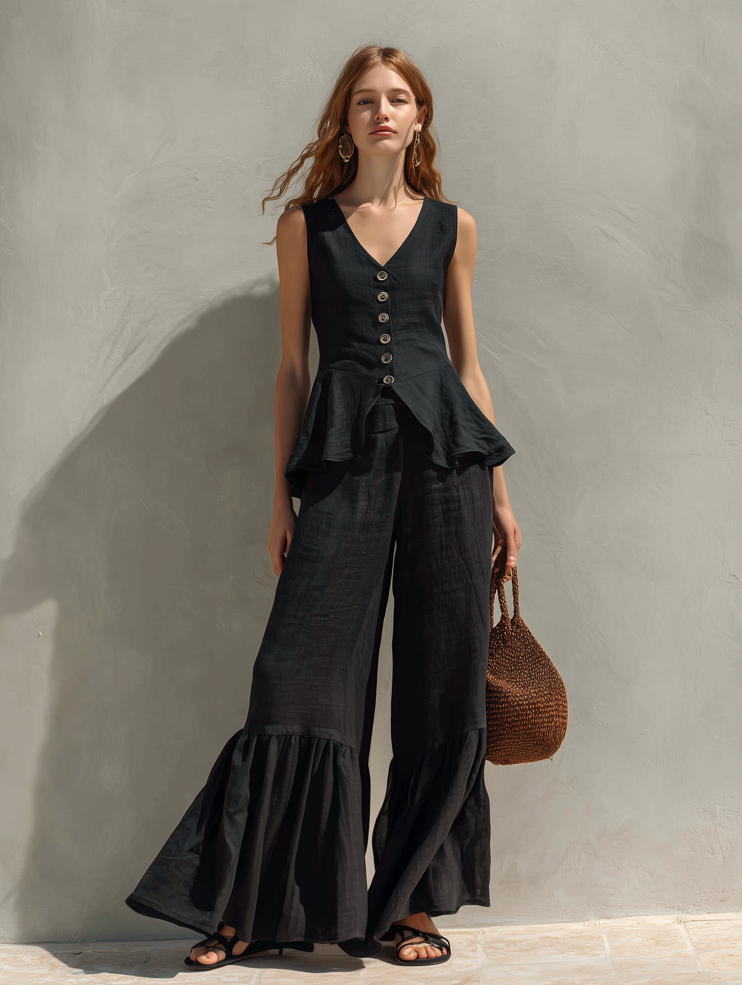 Women's Casual Black Cotton-Linen V-Neck Sleeveless Ruffled Top And Trousers Set