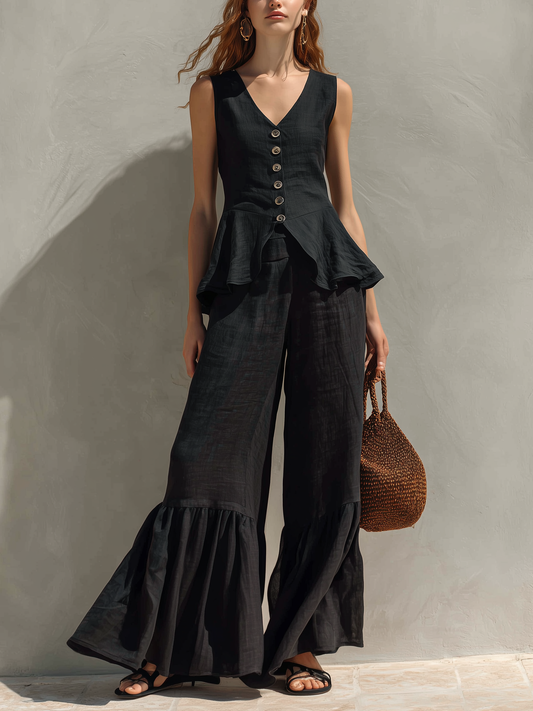 Women's Casual Black Cotton-Linen V-Neck Sleeveless Ruffled Top And Trousers Set