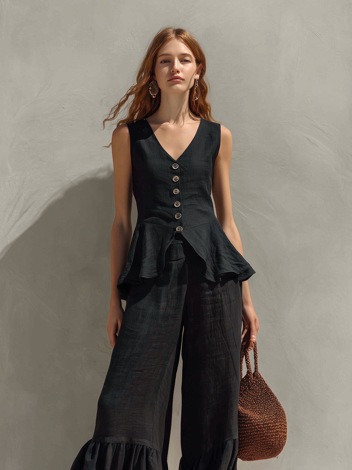 Women's Casual Black Cotton-Linen V-Neck Sleeveless Ruffled Top And Trousers Set
