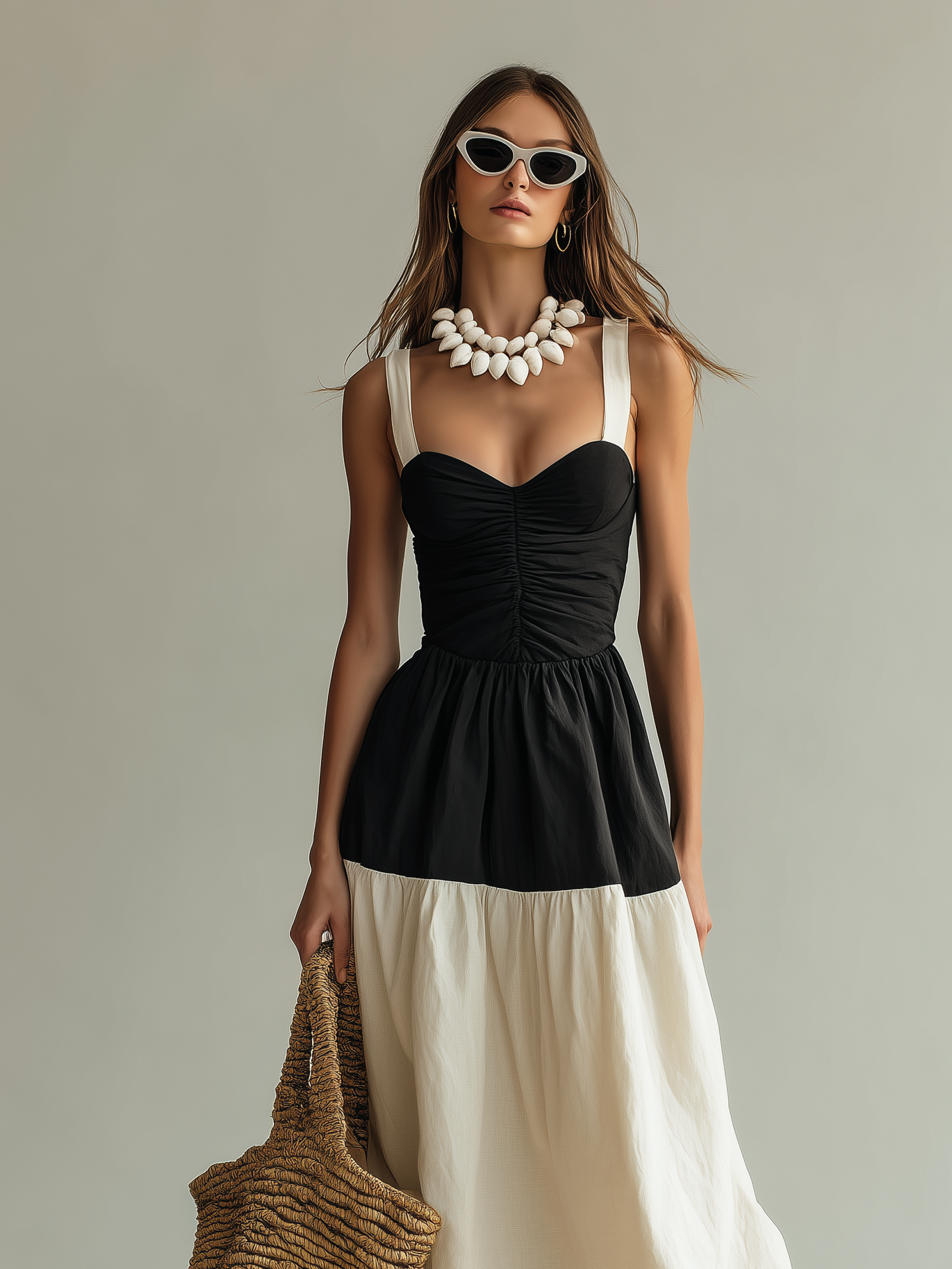 Women's Elegant Black & White Woven Maxi Dress — Square Neck, Sleeveless