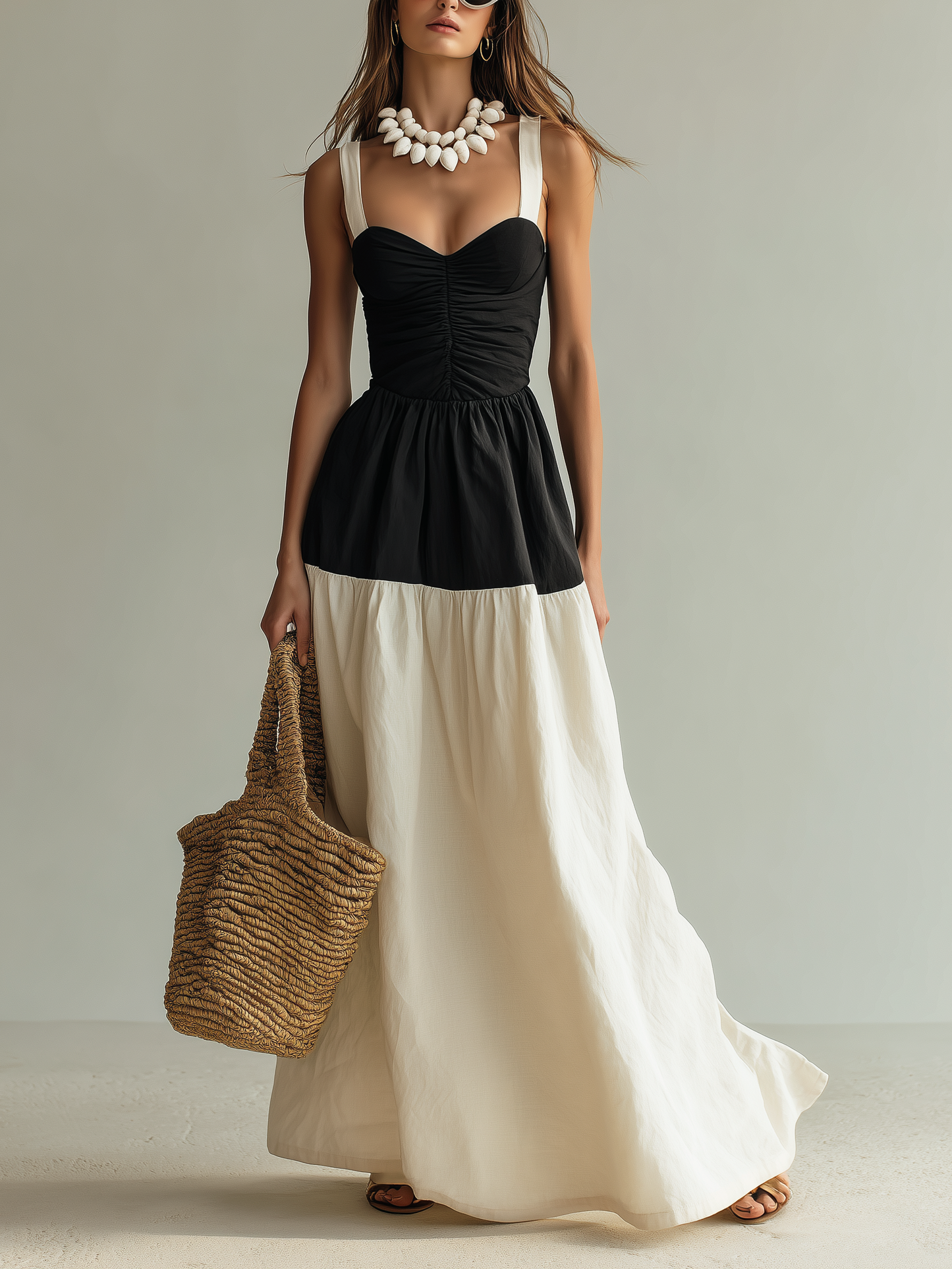 Women's Elegant Black & White Woven Maxi Dress — Square Neck, Sleeveless