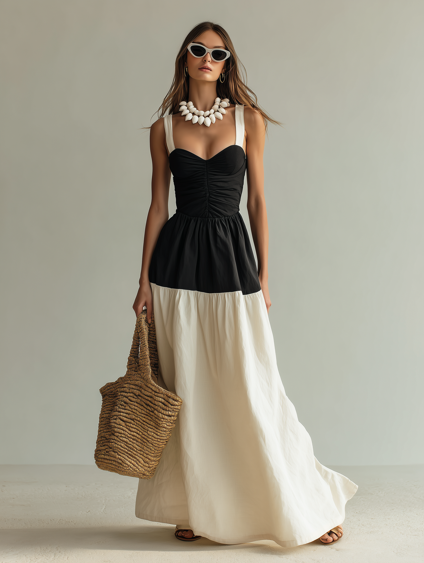 Women's Elegant Black & White Woven Maxi Dress — Square Neck, Sleeveless