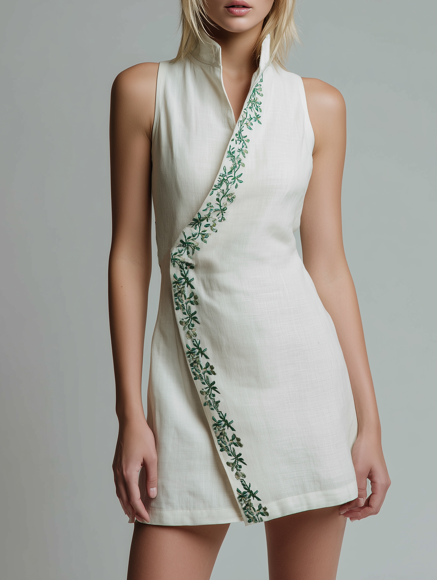 Women's Minimalist Linen-Blend Sleeveless Embroidered Mini Dress