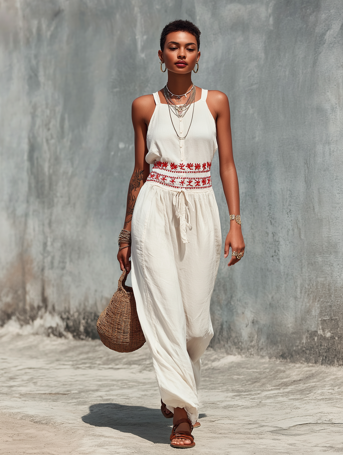 Women's Minimalist Strappy Sleeveless Jumpsuit With Waist Embroidery