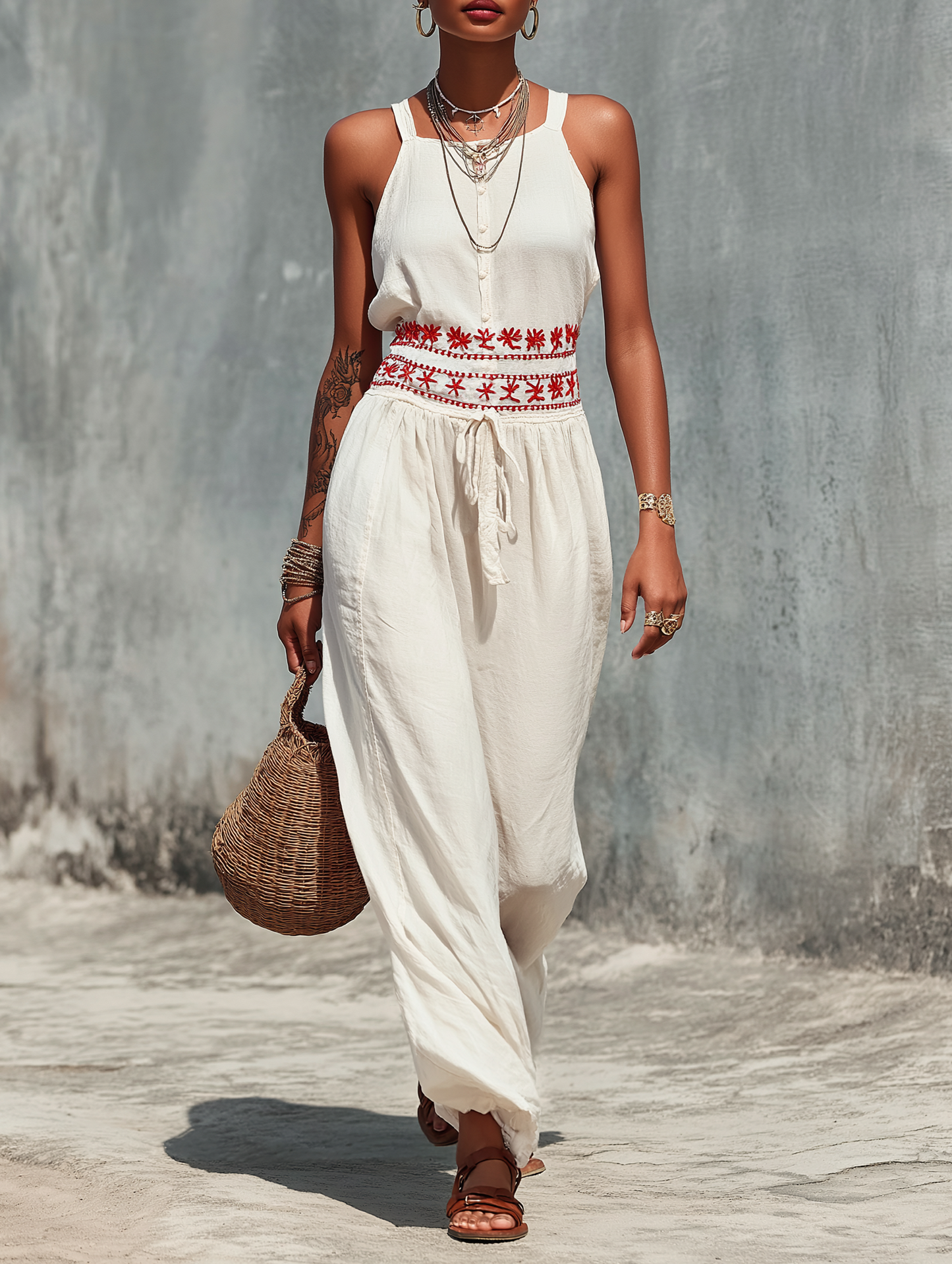 Women's Minimalist Strappy Sleeveless Jumpsuit With Waist Embroidery