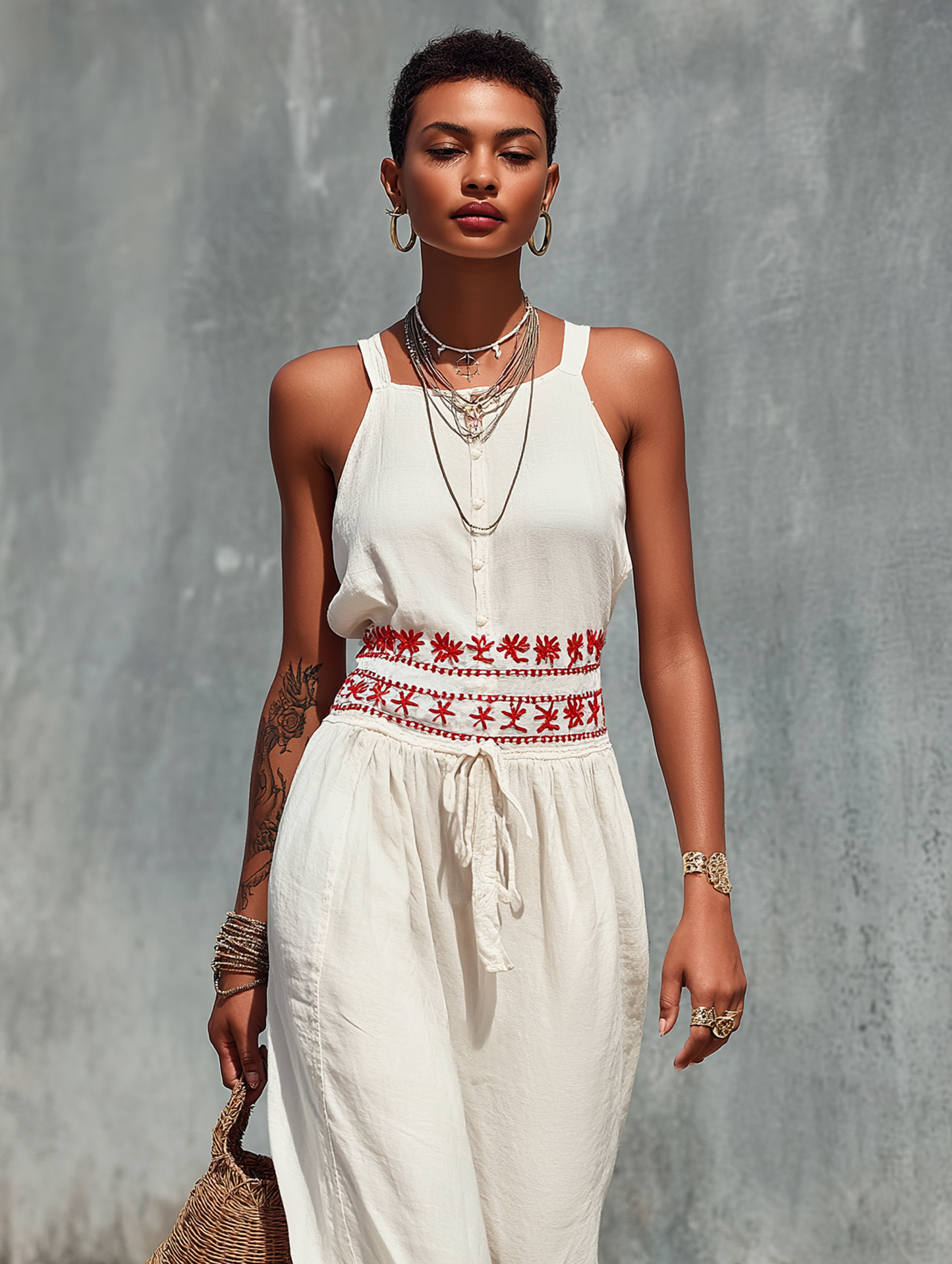 Women's Minimalist Strappy Sleeveless Jumpsuit With Waist Embroidery
