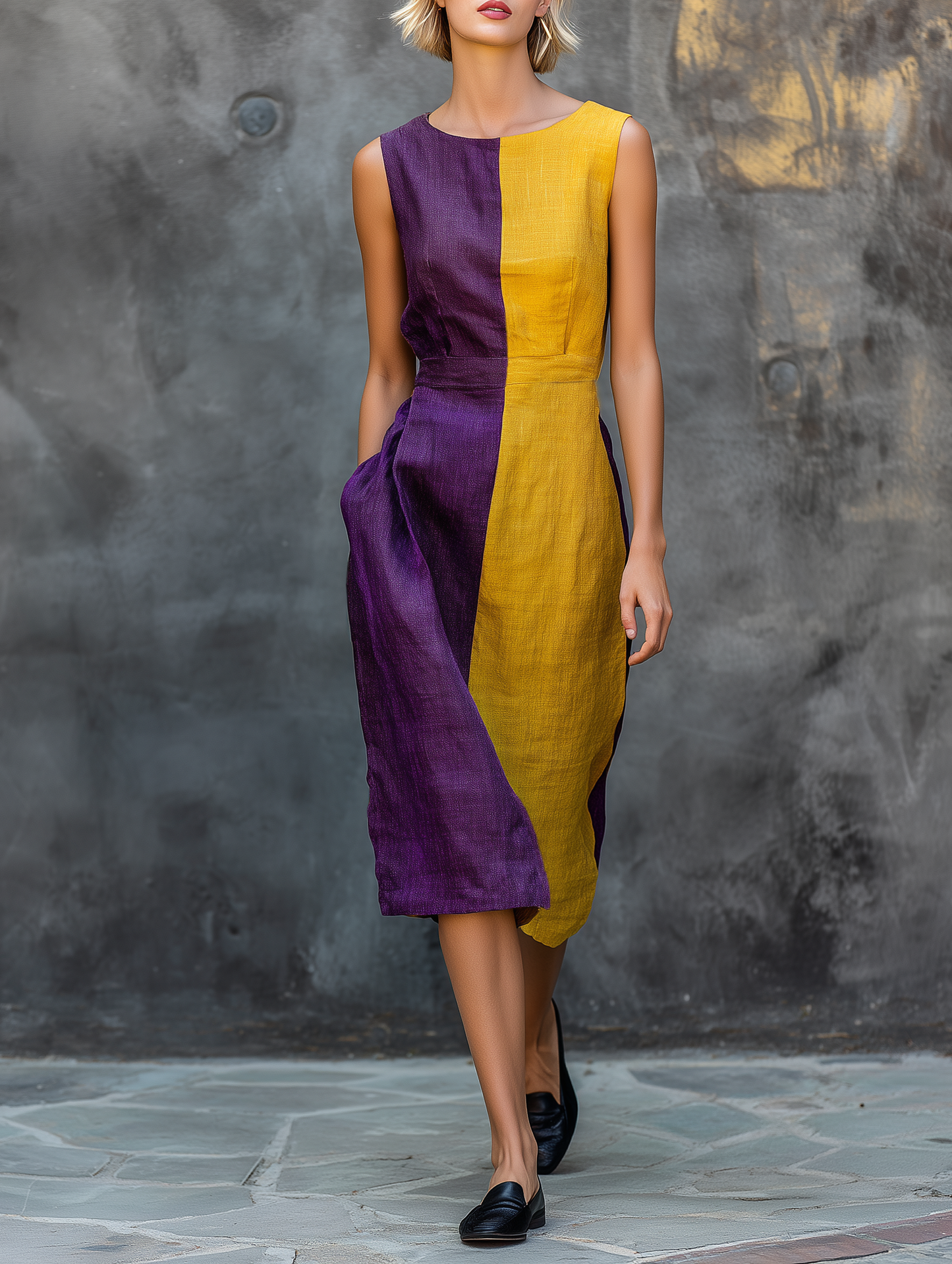 Women's Minimalist Color-block Sleeveless Midi Dress