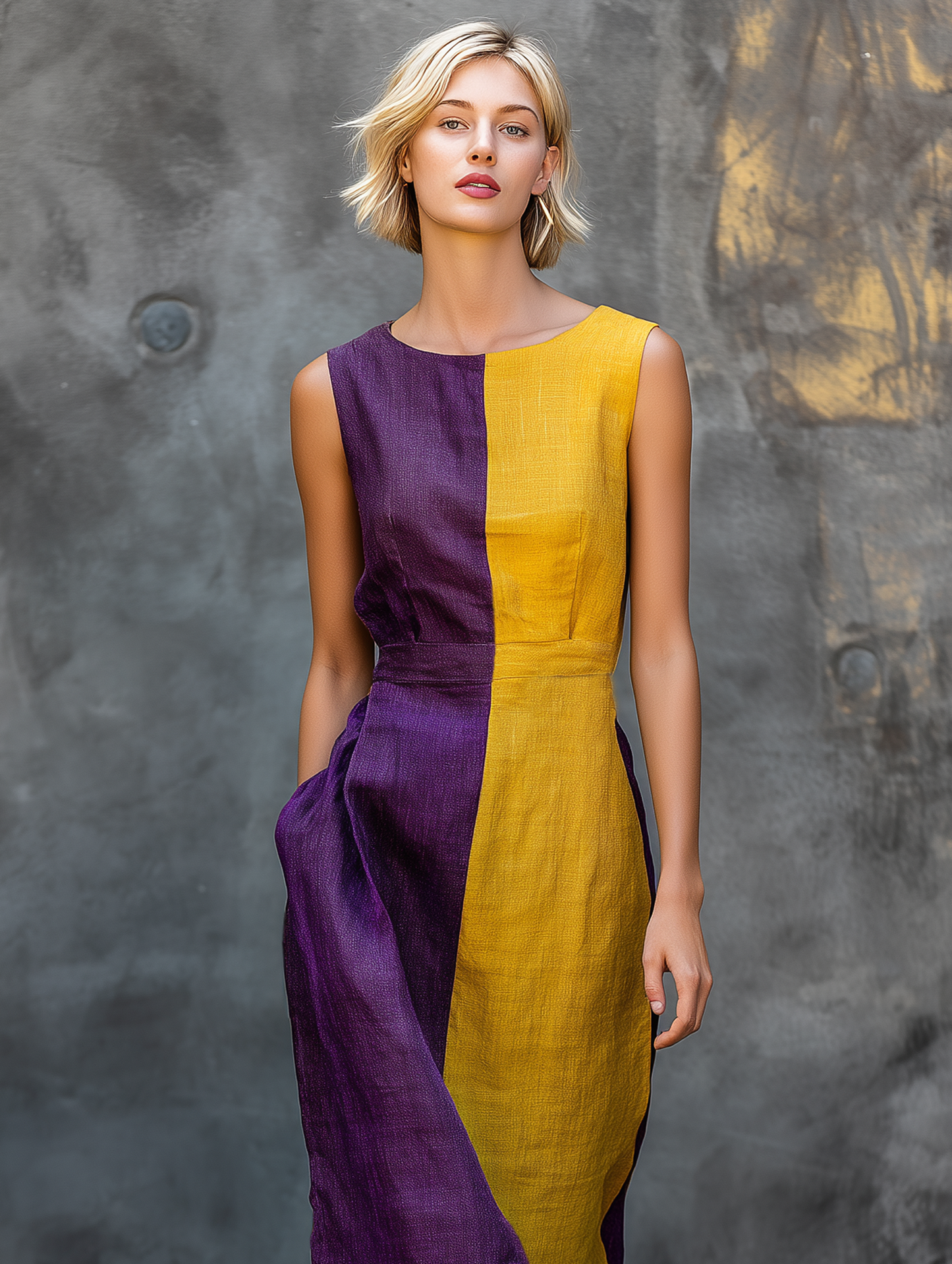 Women's Minimalist Color-block Sleeveless Midi Dress