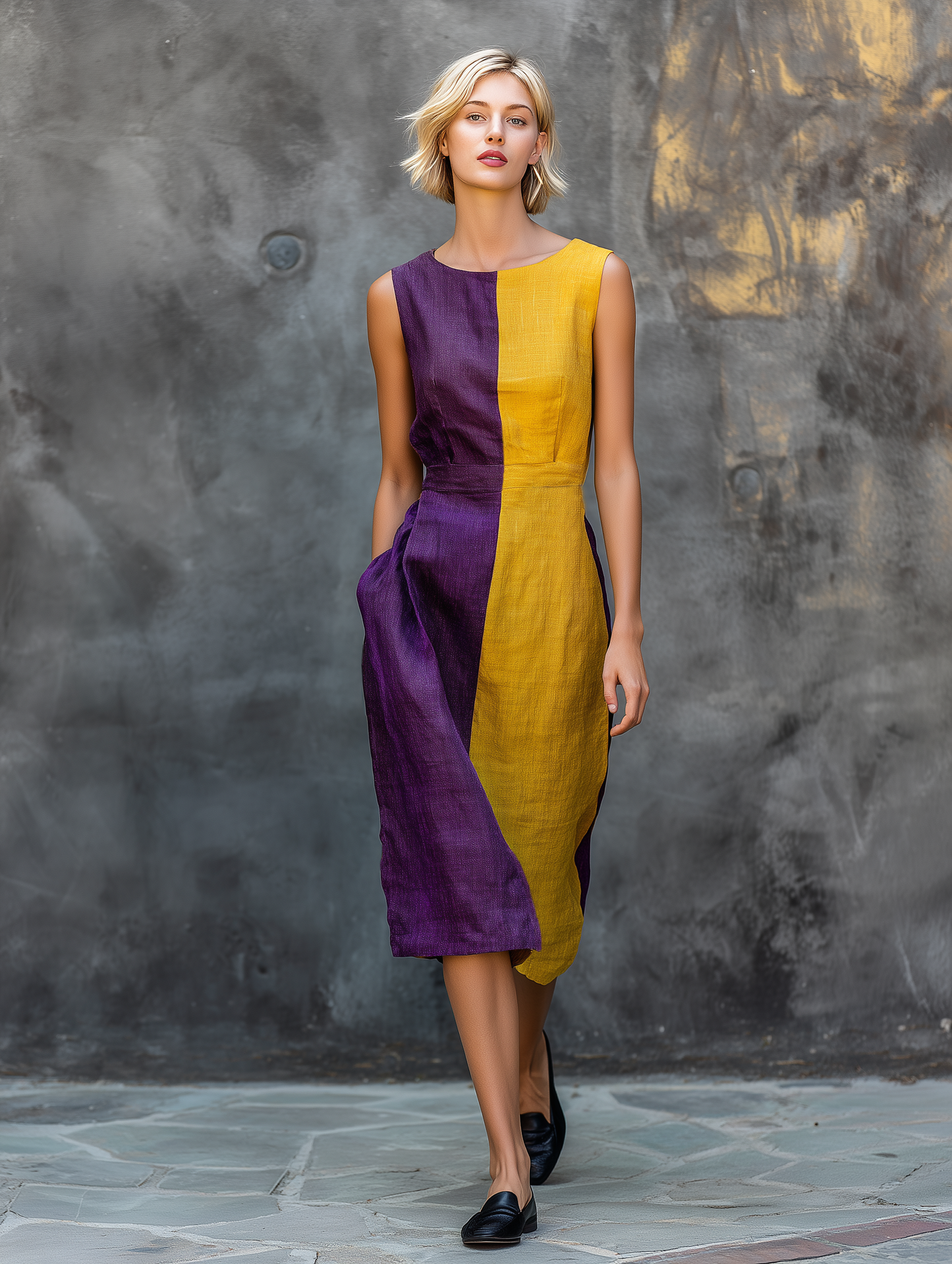 Women's Minimalist Color-block Sleeveless Midi Dress