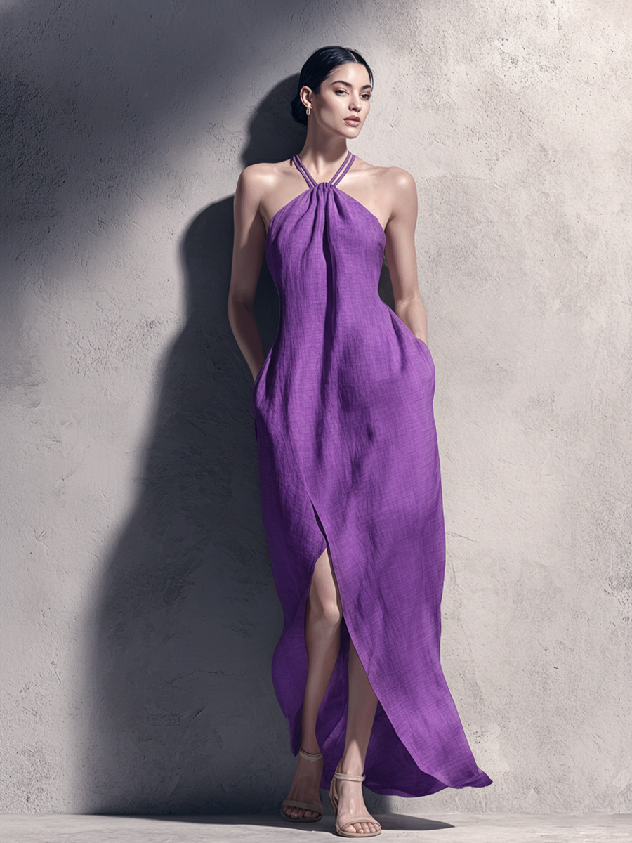 Women's Resort-style Purple Cotton And Linen Halter Neck Slit Maxi Dress