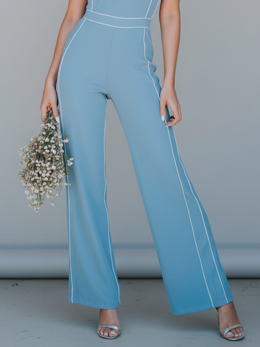 Women's Simple Light Blue Stretch Cotton-Blend With White Piping Halter Jumpsuit