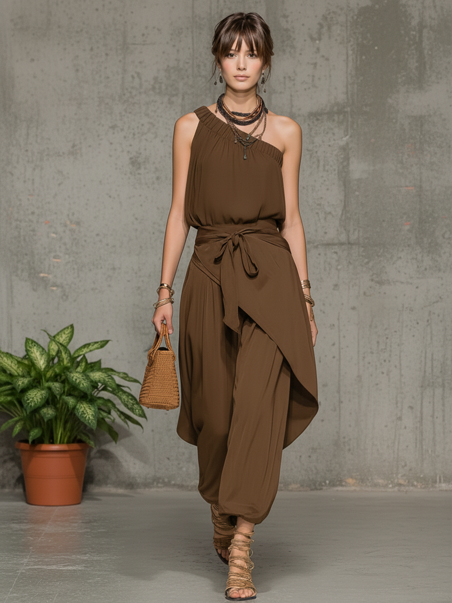 Women's Bohemian-Style Brown Cotton-Blend Outfit: Off-Shoulder Top With Tie-Detail And Asymmetrical Skort Set