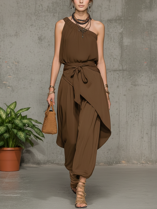 Women's Bohemian-Style Brown Cotton-Blend Outfit: Off-Shoulder Top With Tie-Detail And Asymmetrical Skort Set