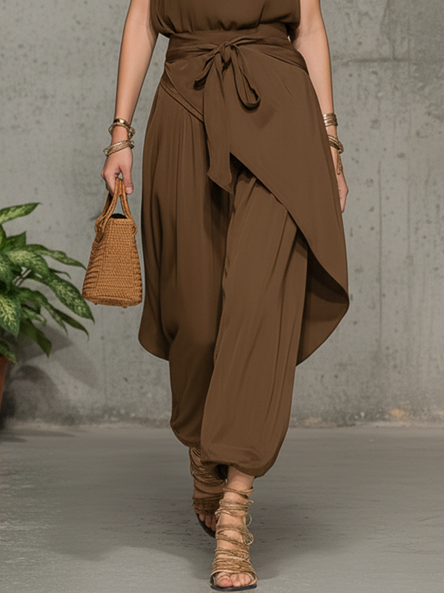 Women's Bohemian-Style Brown Cotton-Blend Outfit: Off-Shoulder Top With Tie-Detail And Asymmetrical Skort Set