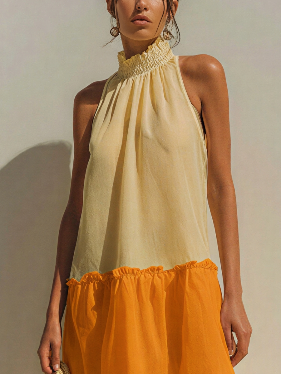 Women’s Cream Orange Red Colorblock Ruffle Hem Halter Neck Tiered Midi Dress