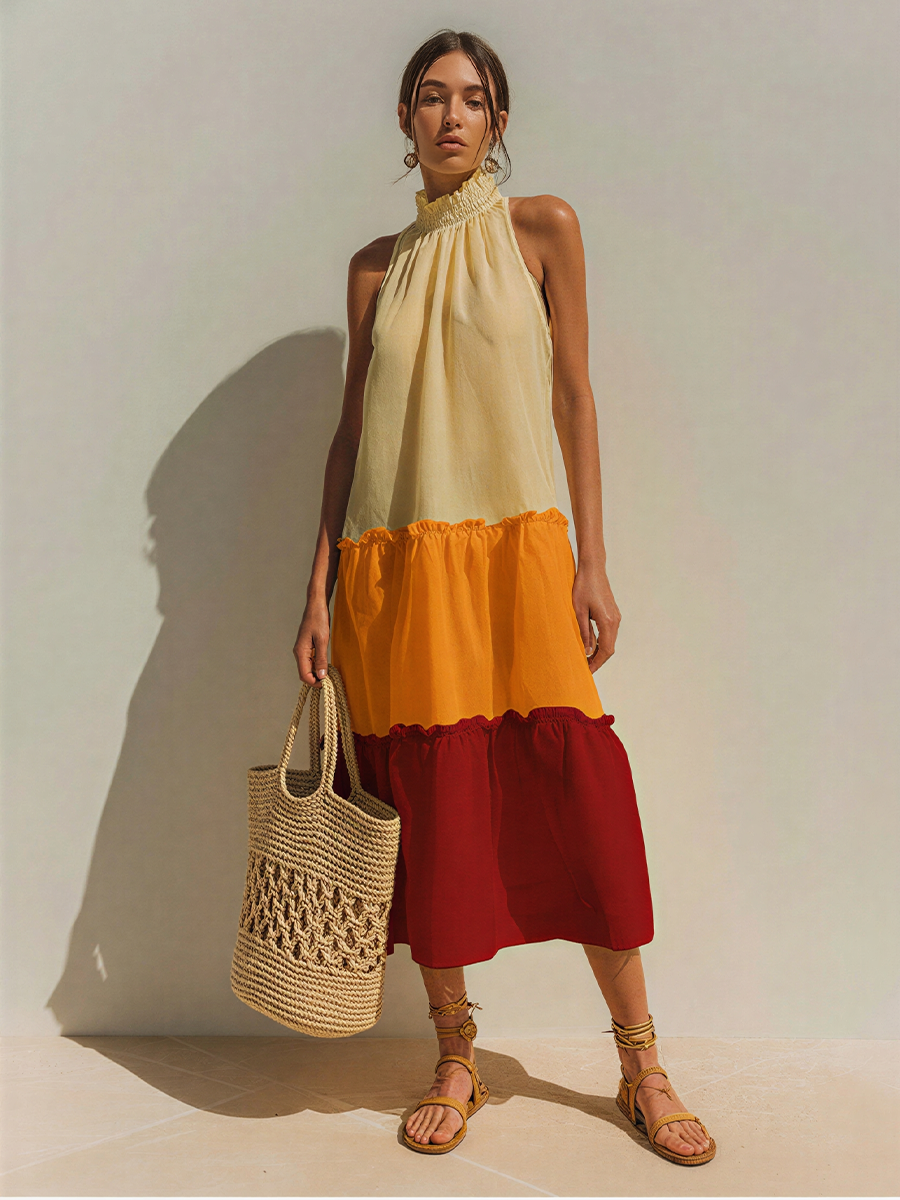 Women’s Cream Orange Red Colorblock Ruffle Hem Halter Neck Tiered Midi Dress