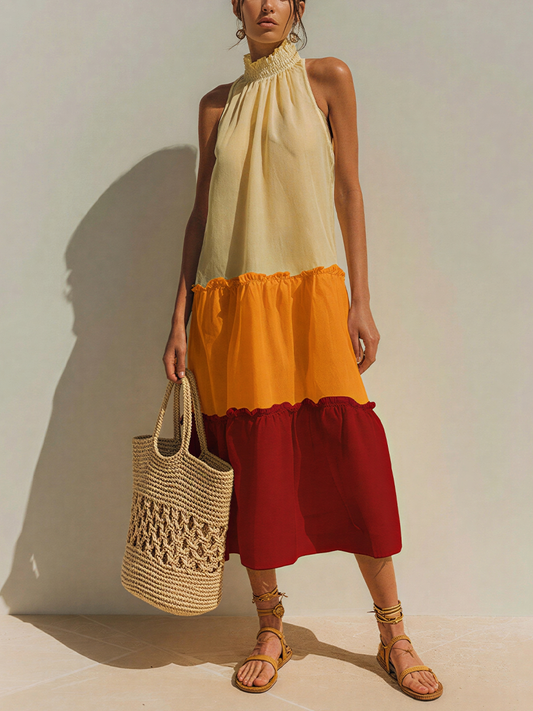 Women’s Cream Orange Red Colorblock Ruffle Hem Halter Neck Tiered Midi Dress