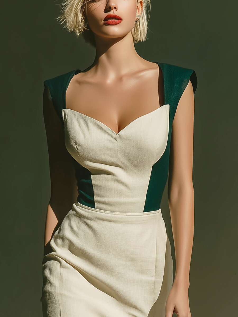 Women’s Ivory & Emerald Green Linen-Blend Sweetheart Neck Cap Sleeve Fitted Sheath Midi Dress