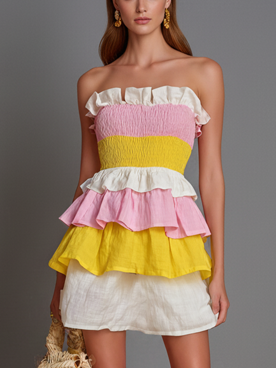 Women’s Pink Yellow White Colorblock Smocked Strapless Ruffle Tiered Linen Mini Dress