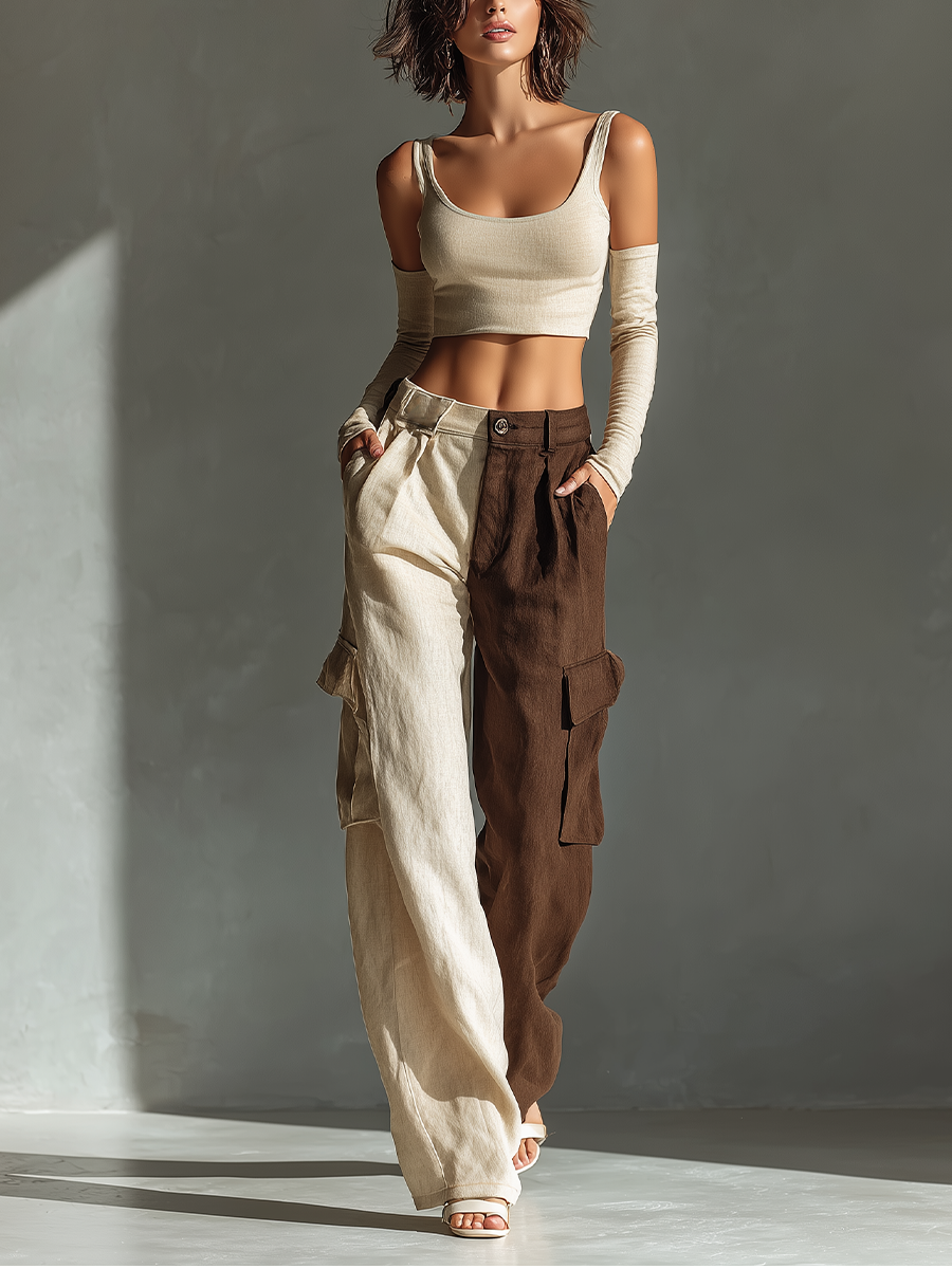 Women’s Beige Linen-Blend Square Neck Crop Top Without Detachable Arm Warmers & Two-Tone Cargo Pants Two-Piece Set