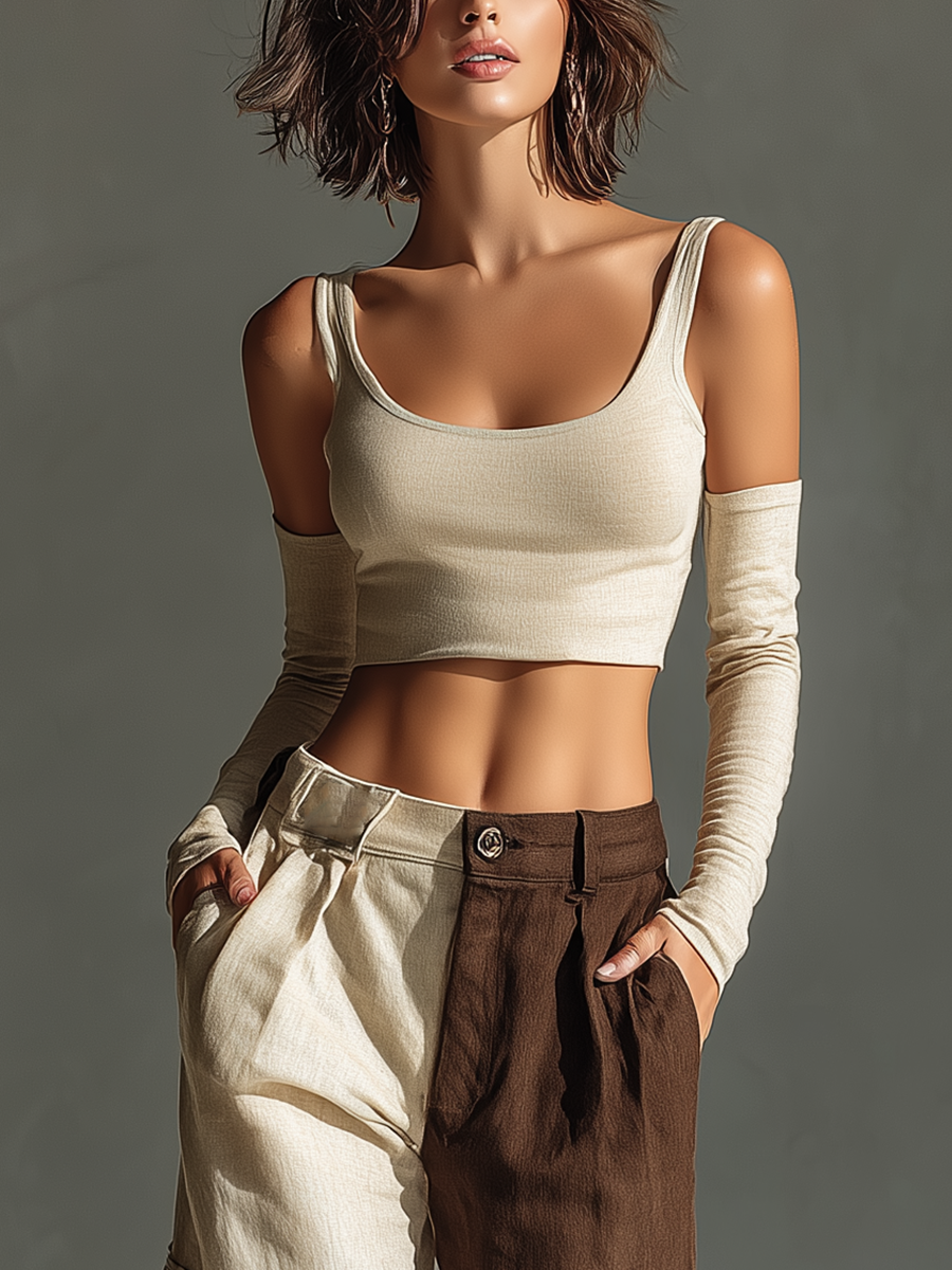 Women’s Beige Linen-Blend Square Neck Crop Top Without Detachable Arm Warmers & Two-Tone Cargo Pants Two-Piece Set