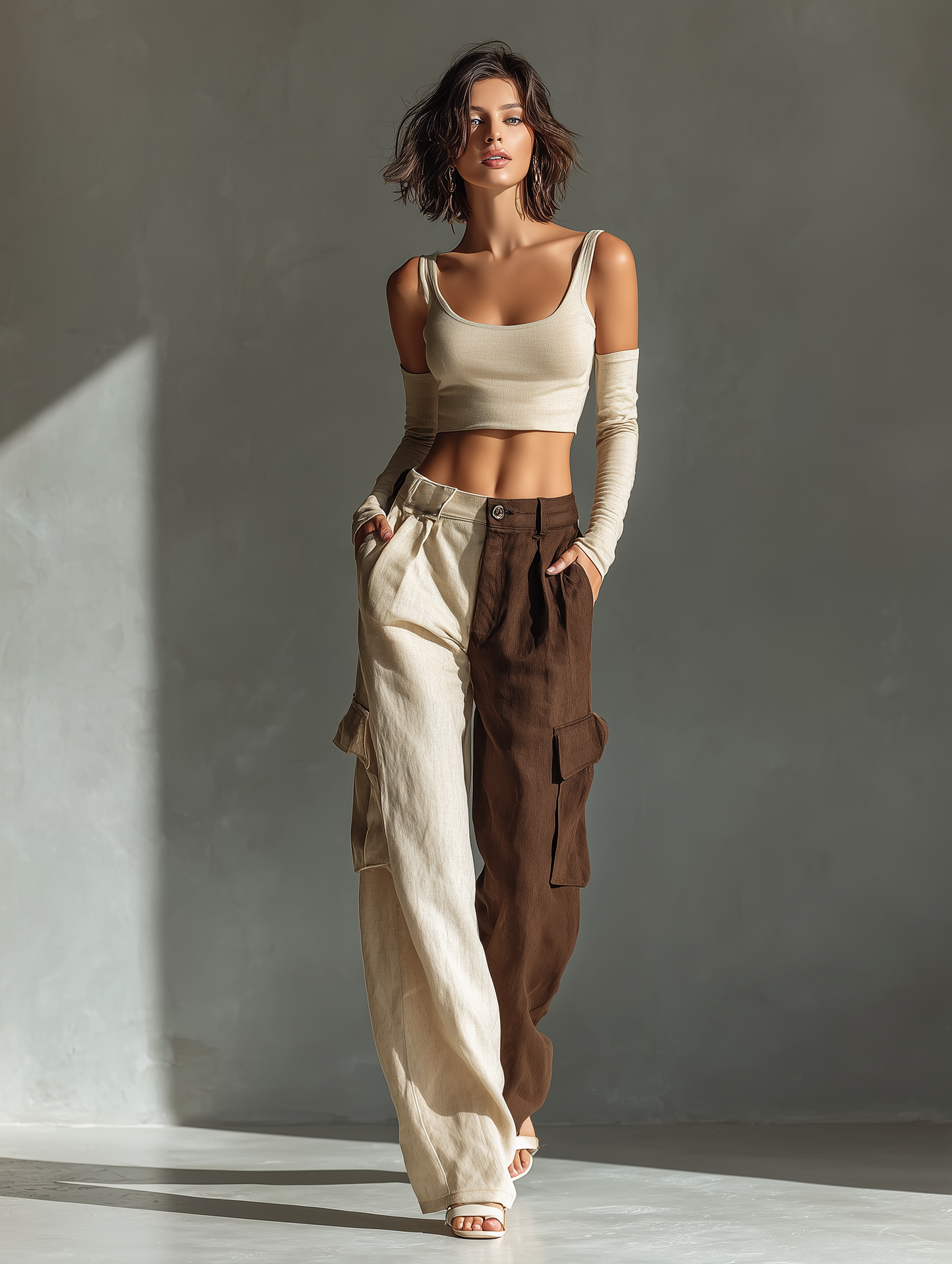 Women’s Beige Linen-Blend Square Neck Crop Top Without Detachable Arm Warmers & Two-Tone Cargo Pants Two-Piece Set