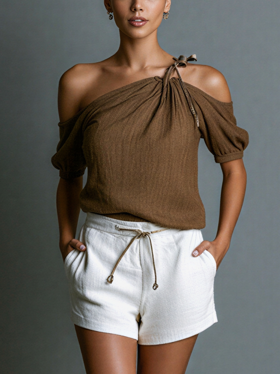 Women’s Chocolate Brown Linen-Blend One-Shoulder Tie-Neck Puff Sleeve Top & White Linen Drawstring Shorts Two-Piece Set