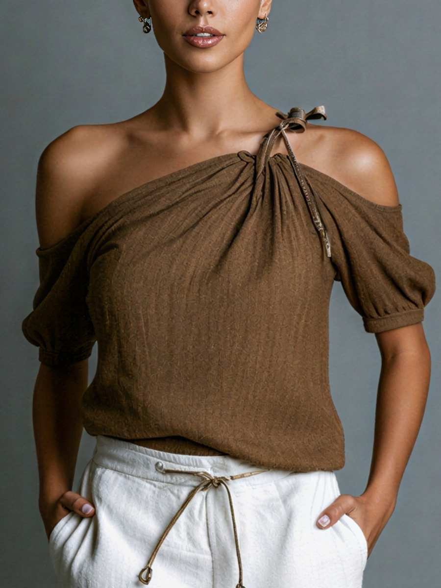 Women’s Chocolate Brown Linen-Blend One-Shoulder Tie-Neck Puff Sleeve Top & White Linen Drawstring Shorts Two-Piece Set