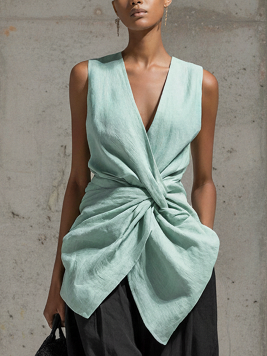 Women's Casual Mint Green Cotton-Linen Knotted Top And Black Wide-Leg Pants Set