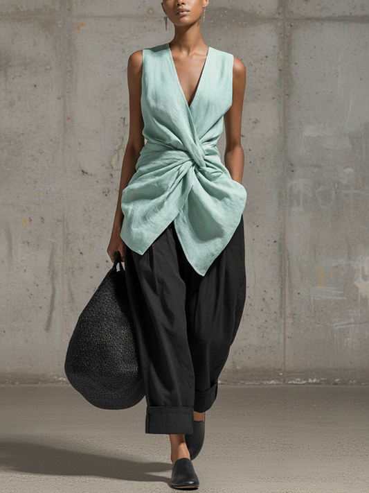 Women's Casual Mint Green Cotton-Linen Knotted Top And Black Wide-Leg Pants Set