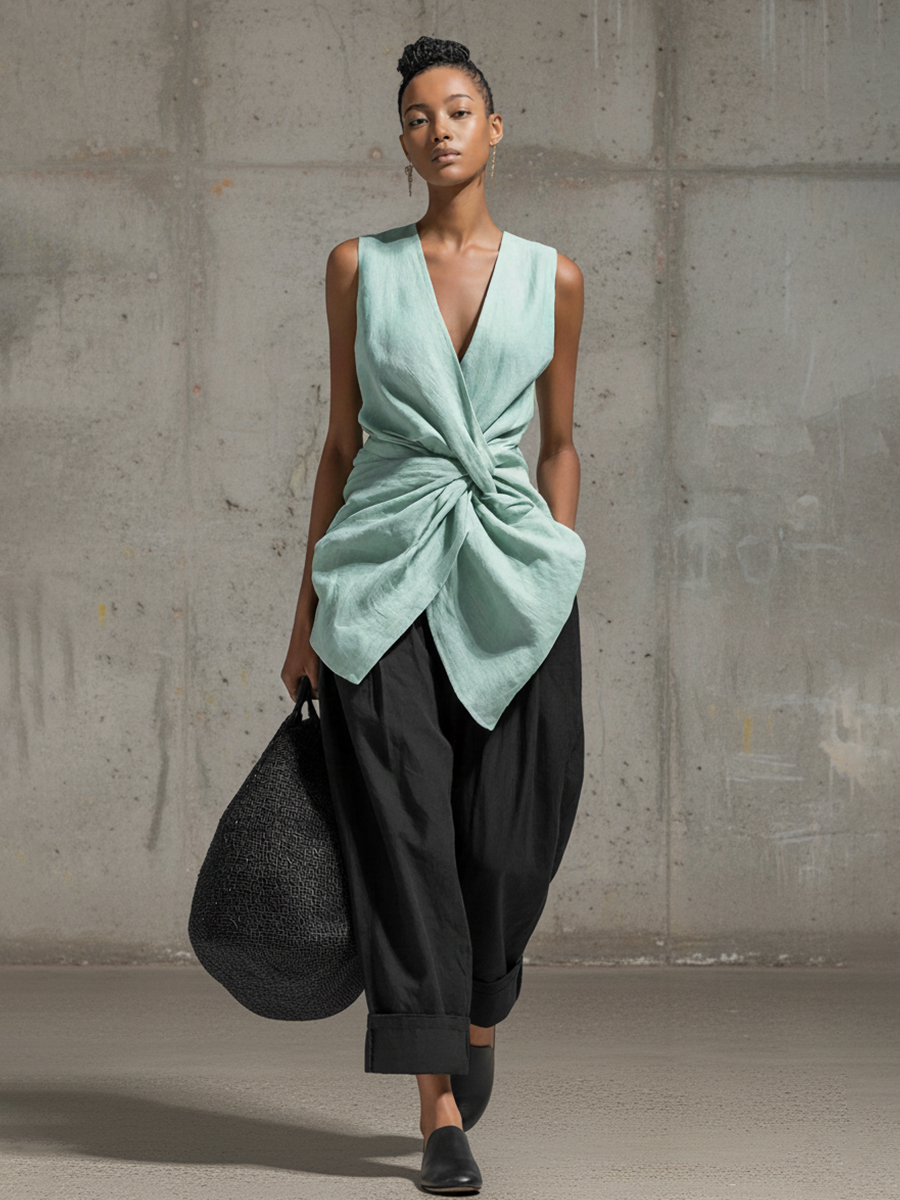 Women's Casual Mint Green Cotton-Linen Knotted Top And Black Wide-Leg Pants Set