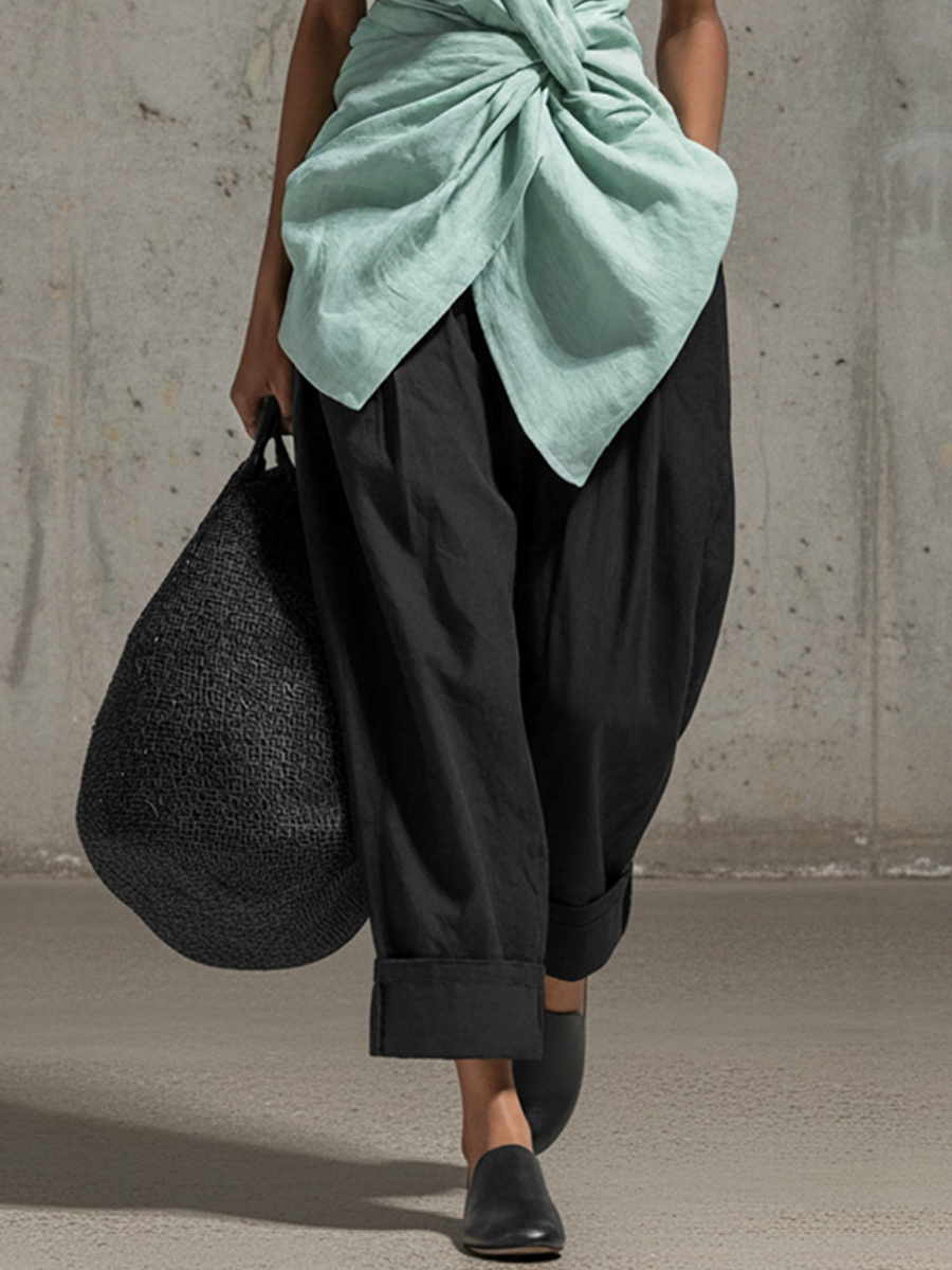 Women's Casual Mint Green Cotton-Linen Knotted Top And Black Wide-Leg Pants Set